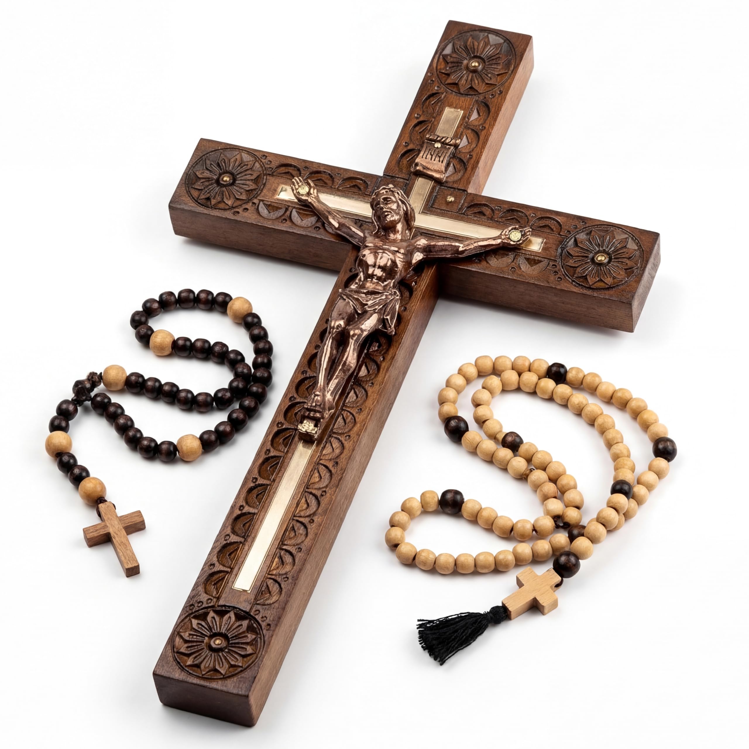 Woodvio Carved I - Handcrafted Wooden Wall Cross, Hand Carved Finish, Catholic Crucifix