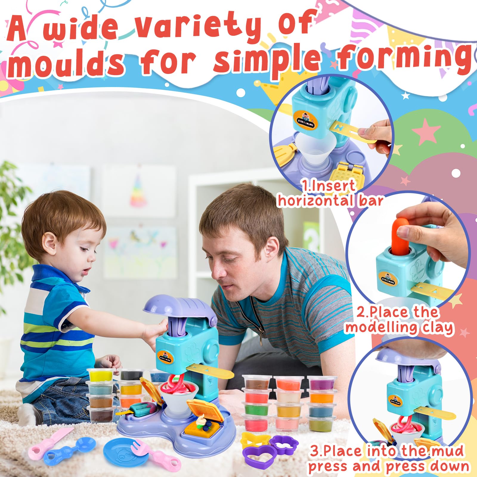 TOSUTO Juego de Plastilina Creativo - Máquina Pasta, Helados y Hamburguesas (24 Botes Plastilina) - Set de Herramientas para Modelado con 12 Botes de Plastilina - Regalo para Niños a Partir de 3 Años — view 4
