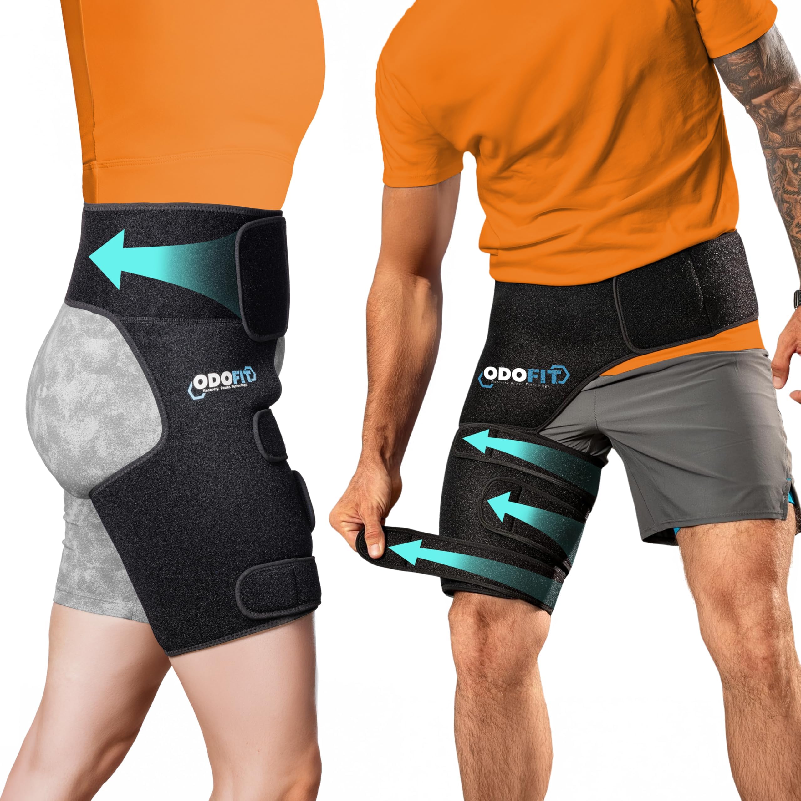 ODOFIT Hip Support Brace - Compression Wrap for Groin, Thigh, Hamstring, Pulled Muscle Injury - Flexor Arthritis Bursitis Sciatica Pain Relief - For Men and Women - Right Leg