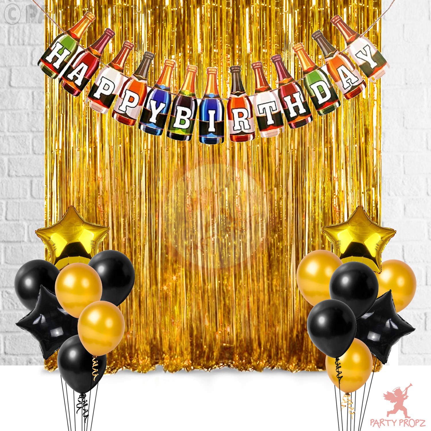 Party Propz 17Pcs Birthday Decoration Combo For Happy Birthday Banner (cardstock), Golden Foil Curtain, Party Supplies For Husband,Wife,Girlfriend