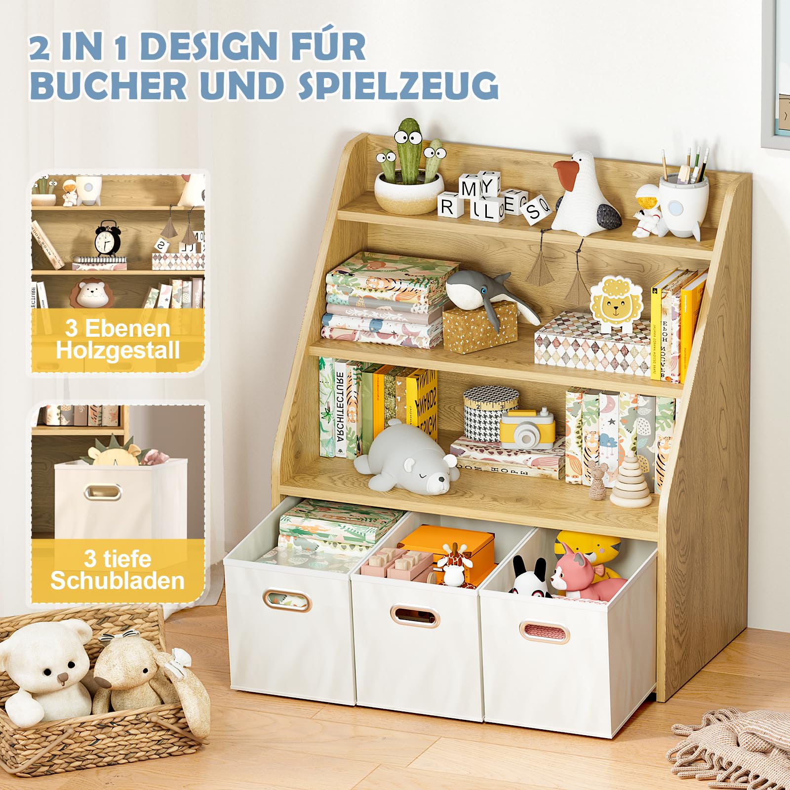 EFURDEN Kinder Bücherregal mit 3 herausnehmbaren Schubladen | Vielseitiges Holz-Regal zur Spielzeug- und Bücheraufbewahrung für Kinderzimmer & Spielzimmer