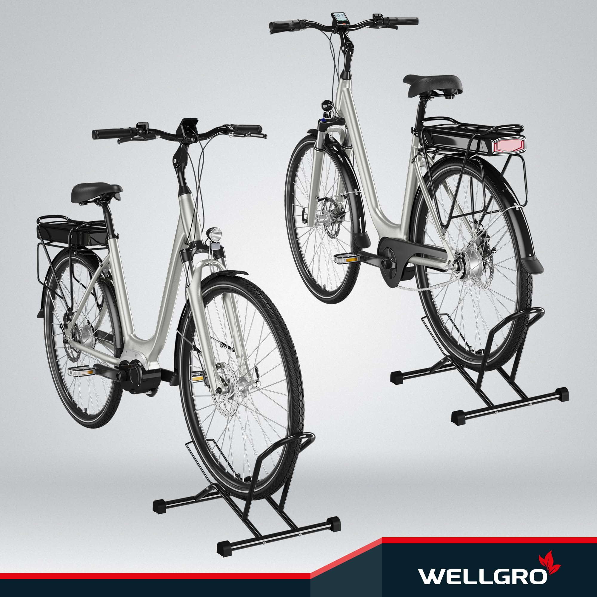WELLGRO 2x Fahrradständer Boden – Universal Fahrrad Ständer für Mountainbike, Rennrad & Fatbike – Robuster Radständer aus Stahl für Garage, Keller & Außenbereich – Schwarz