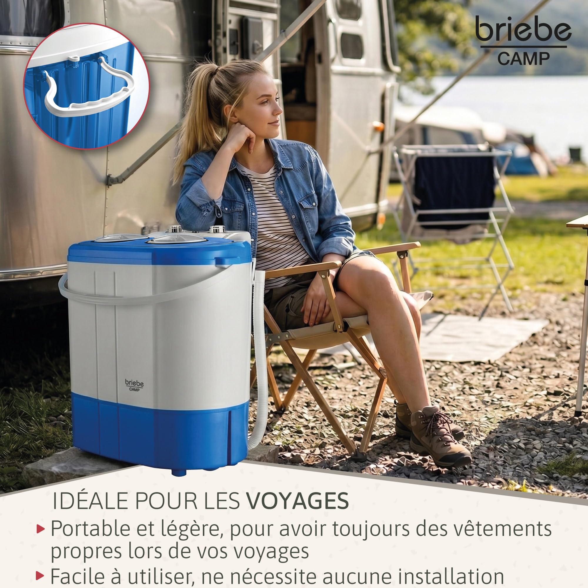 briebe Camp Mini Machine à Laver Portable 3 kg Essorage Camping Caravanes Bleu/Blanc