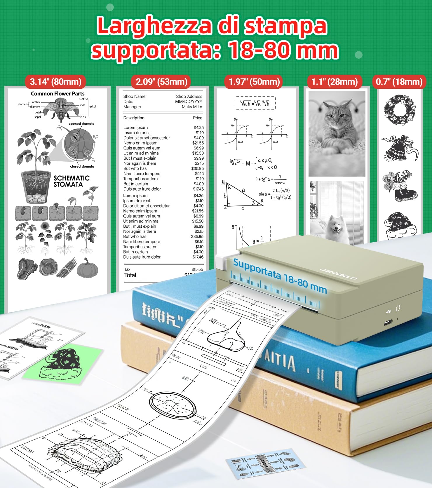 ORGBRO X3 Stampante Termica Bluetooth, Mini Stampante Portatile Senza Fili per Casa/Ufficio/Viaggi, Appunti, Foto, Etichette, Planner, 300DPI Stampante Adesivi per Smartphone-iOS/Android (Verde oliva)