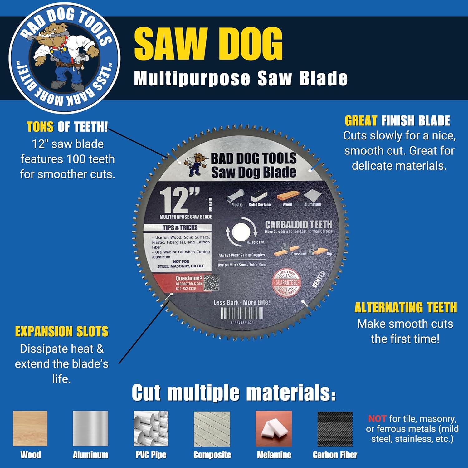 Bad Dog Tools Saw Dog 12 inch Circular Blade. 100-Tooth Carbide Tipped Finish Blade for Wood & Multiple Materials. Use with Circular, Miter or Table Saws