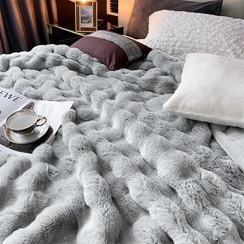 LGYKUMEG Soft Faux Fur Fleece Blanket 78x90in,Reversible 12LB Heavy Woven Fuzzy Fluffy Plush Soft Warm Microfiber Throw Blanket for Winter,Blue Gray,200x230cm5.5kg