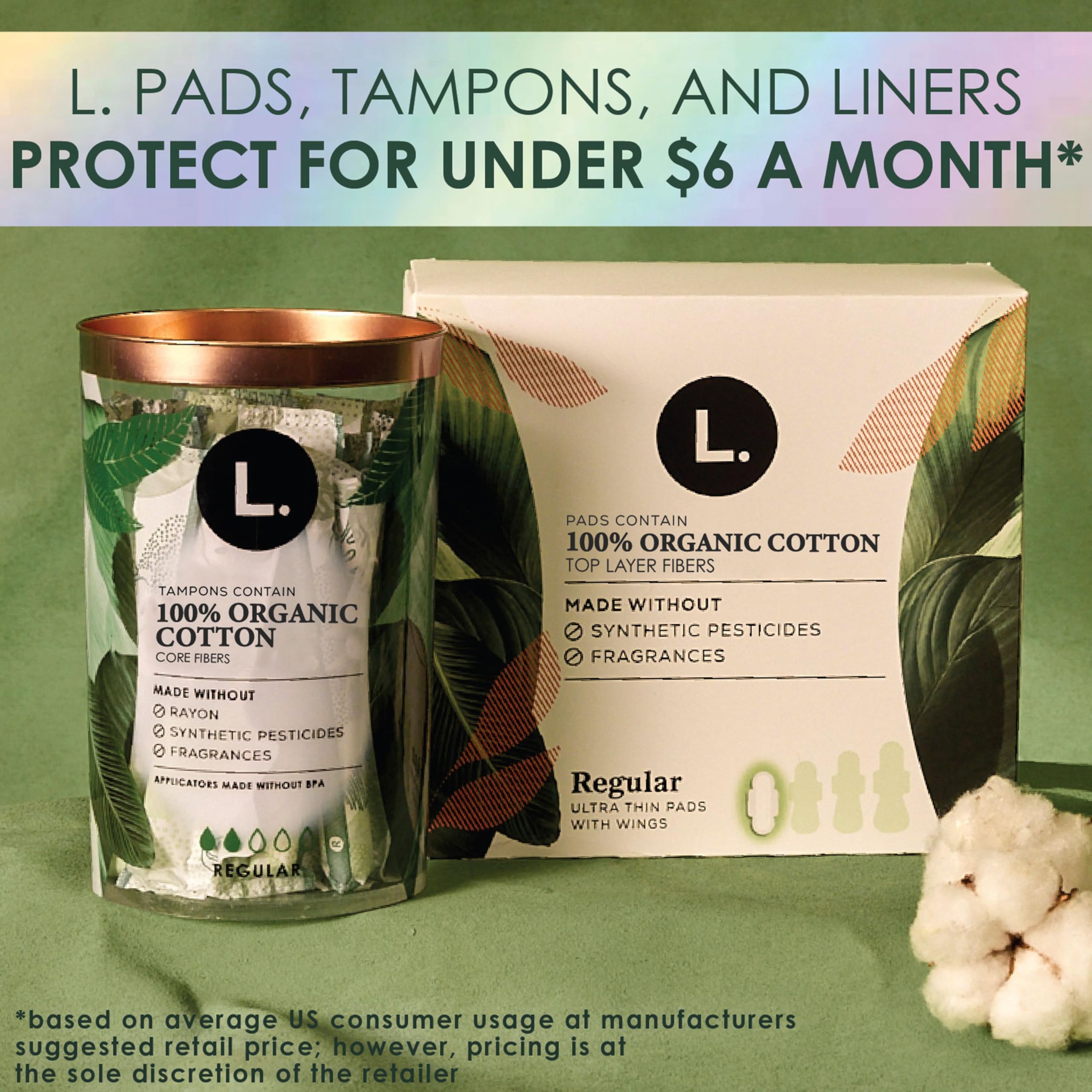 L. Tampons, Made with Organic Cotton, Regular/Super Absorbency, Multipack, Made Without Synthetic Pesticides, Rayon or Fragrances, Applicator Made Without BPA, Leak-Stopping Design, 18 Count
