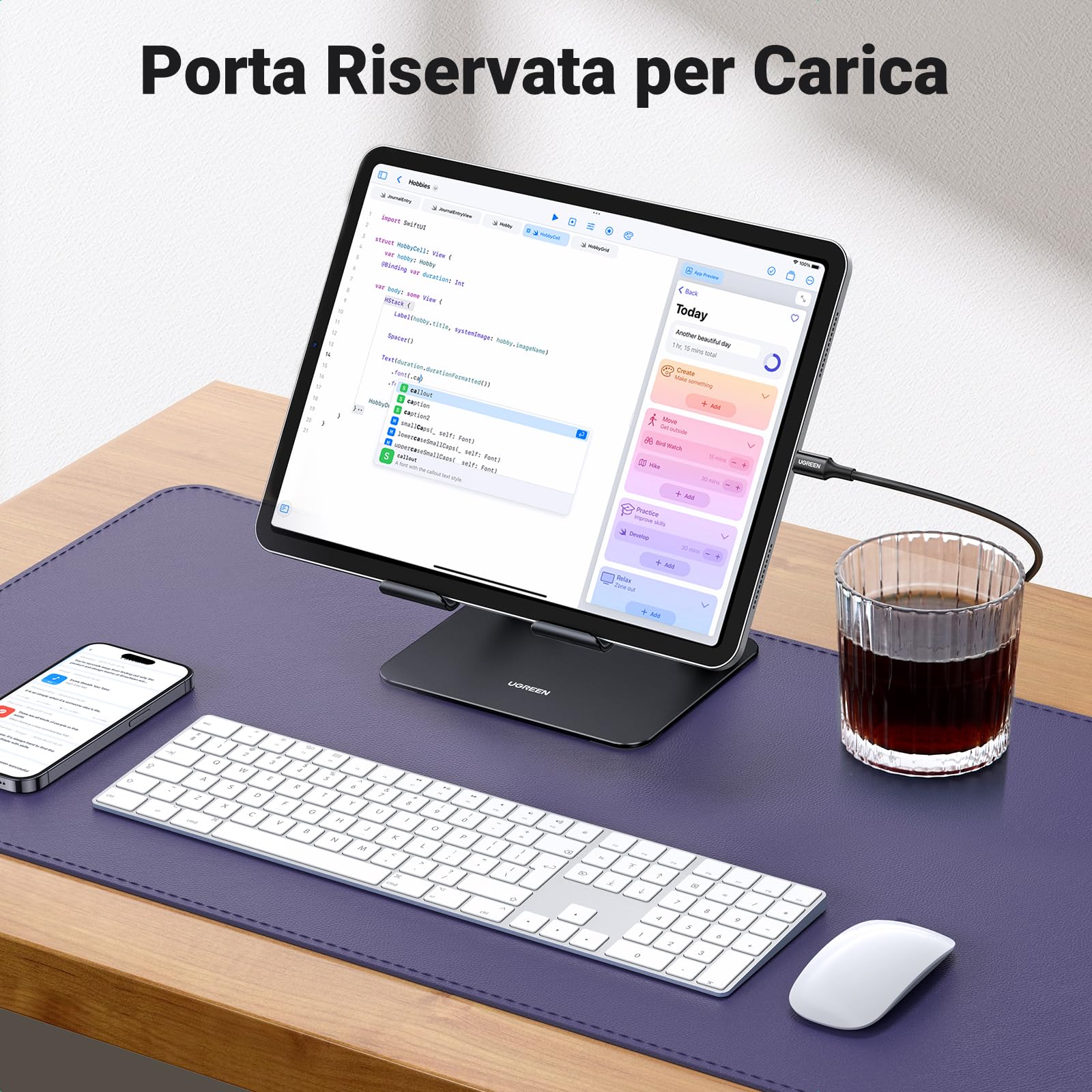 UGREEN Supporto per Tablet da 4,7" a 12,9" Universale, Porta Cellulare da Tavolo Regolabile Pieghevole per iPad 2022, MatePad, Galaxy Tab, Xiaomi Pad, iPhone 16 Plus Pro Max Nero