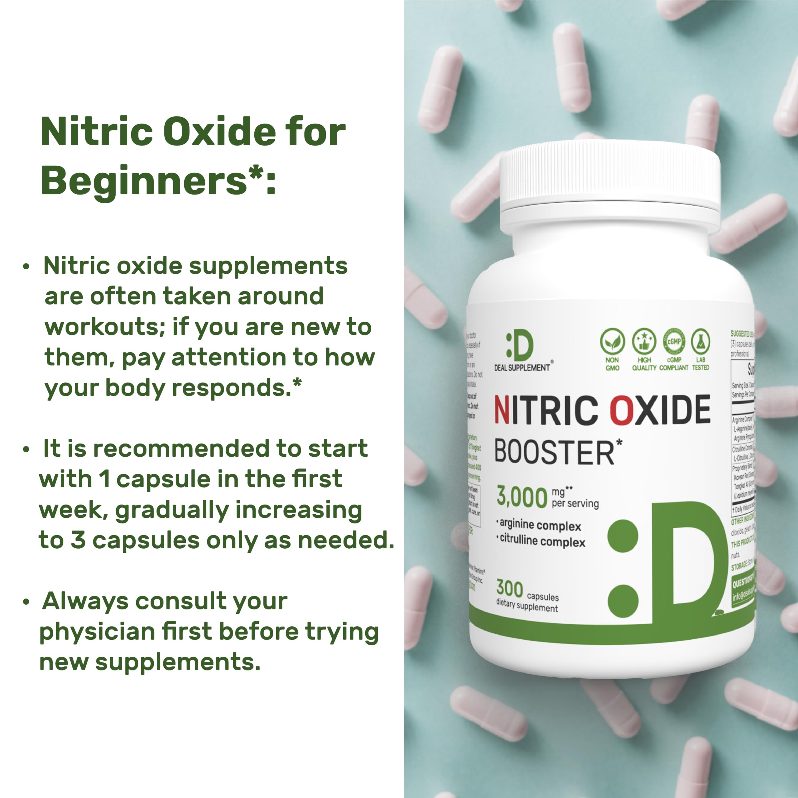 Nitric Oxide Supplement 3,000mg, 300 Capsules | 12-in-1 Complex for Men & Women – Arginine, Citrulline, Korean Red Ginseng, Tongkat Ali, Maca Root, & Marshmallow Blend* — Amazon image 5