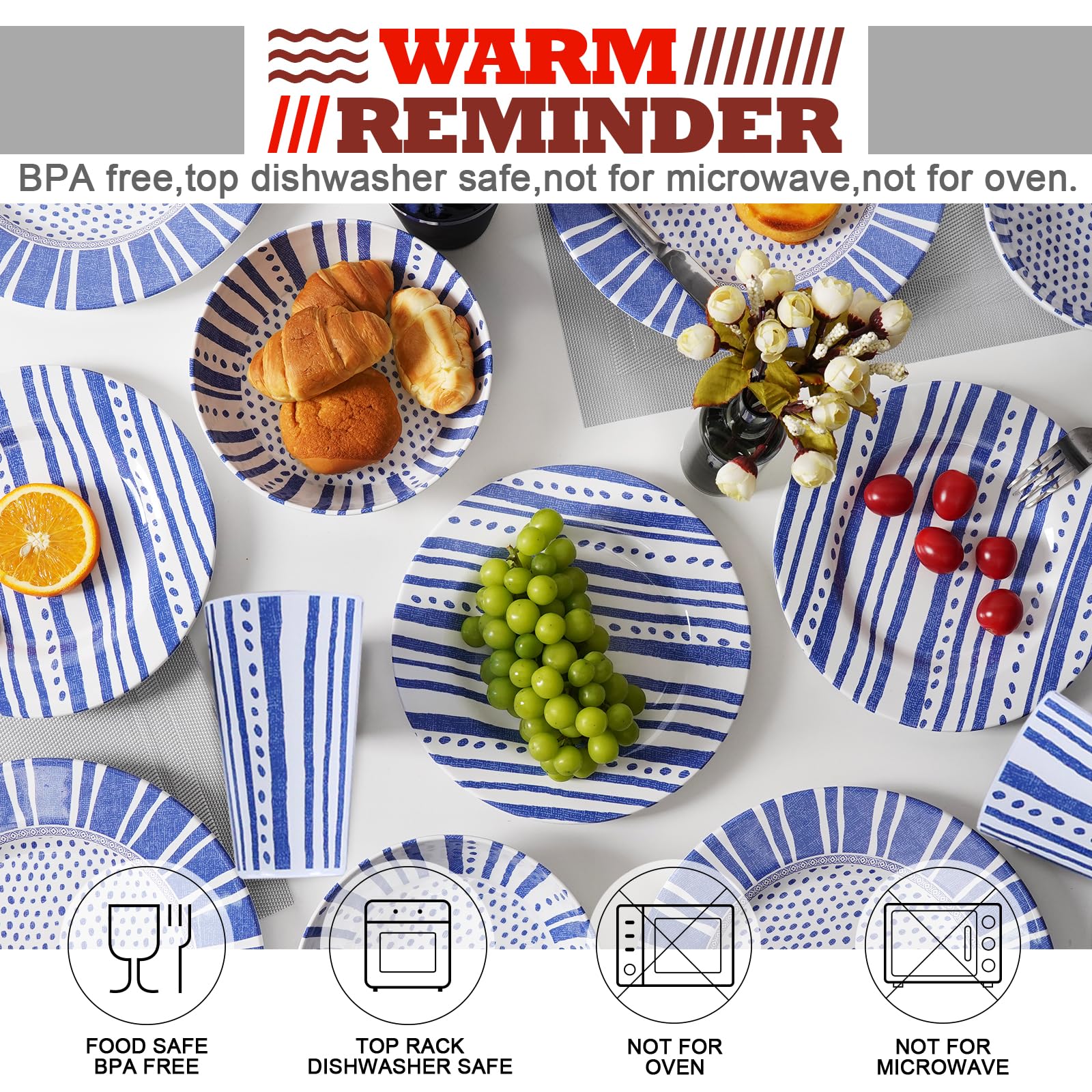 Juego de vajilla de melamina para 4-16 piezas: juego de platos de camping con platos llanos, platos de ensalada, tazas y cuencos. Ligero e irrompible. Uso en interiores y exteriores. Flor 10
