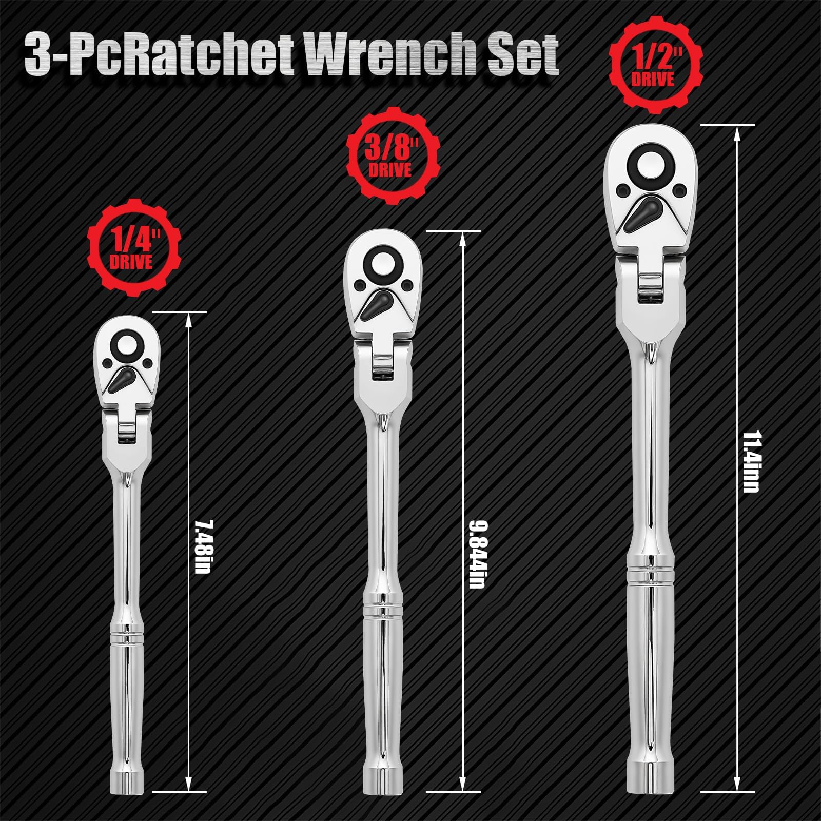 Set di 3 chiavi a cricchetto a gomito in diverse dimensioni, 1/2, 3/8, 1/4", set di chiavi a cricchetto a 72 denti a sgancio rapido con testa girevole flessibile