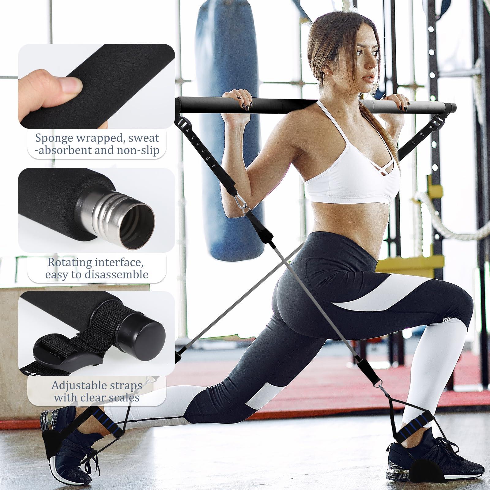 Barra de Pilates con 6 Gomas Elasticas Musculacion, Látex Bandas de Resistencia Bandas Elasticas Fitness Smartworkout para Casa y Gimnasio Yoga Pilates Estiramiento Fitness
