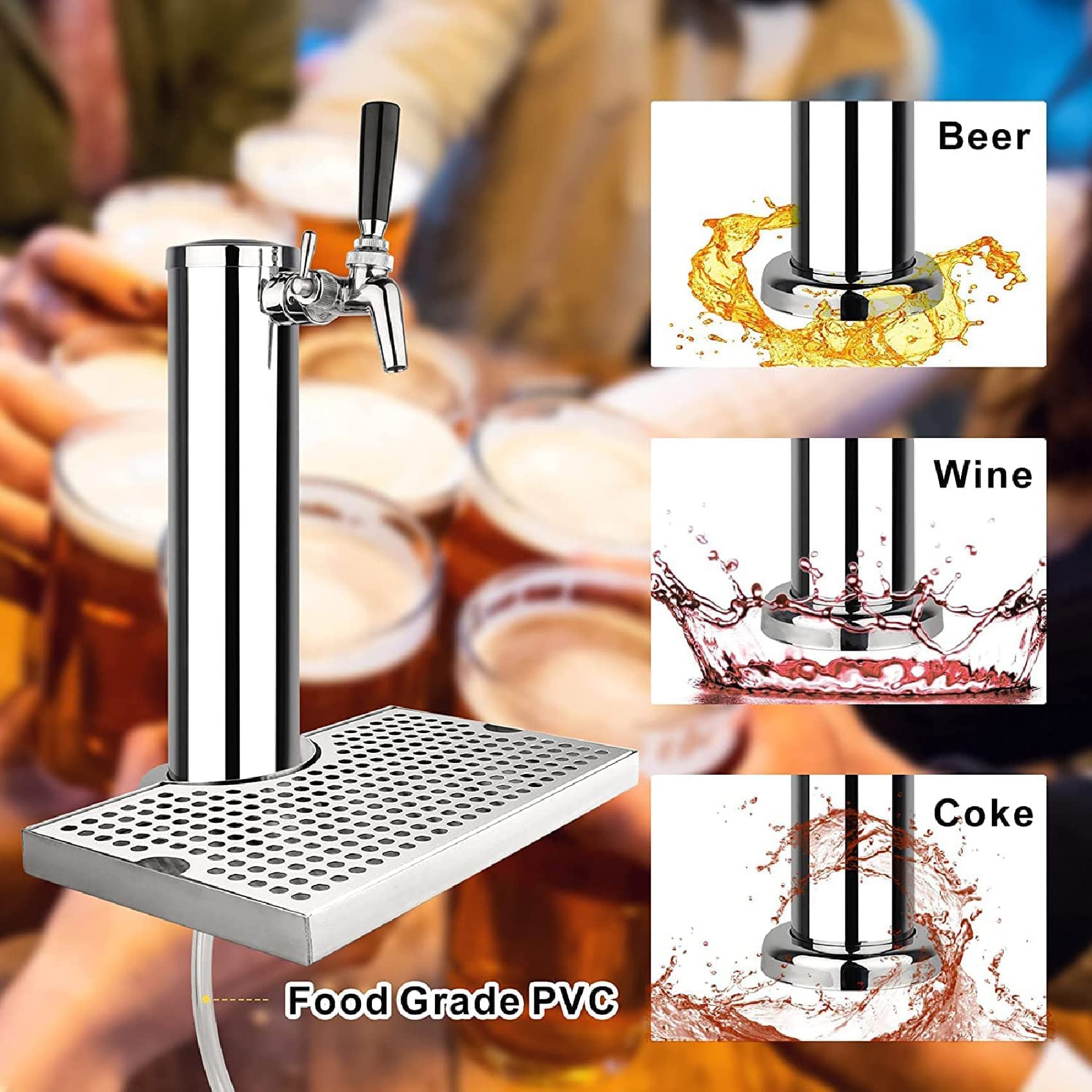 Kit de torre Kegerator de un solo grifo de acero inoxidable, ideal para fiestas, Copa del Mundo, Navidad y eventos, incluye bandeja de goteo de 12 x 7 pulgadas, columna de 3 diámetros