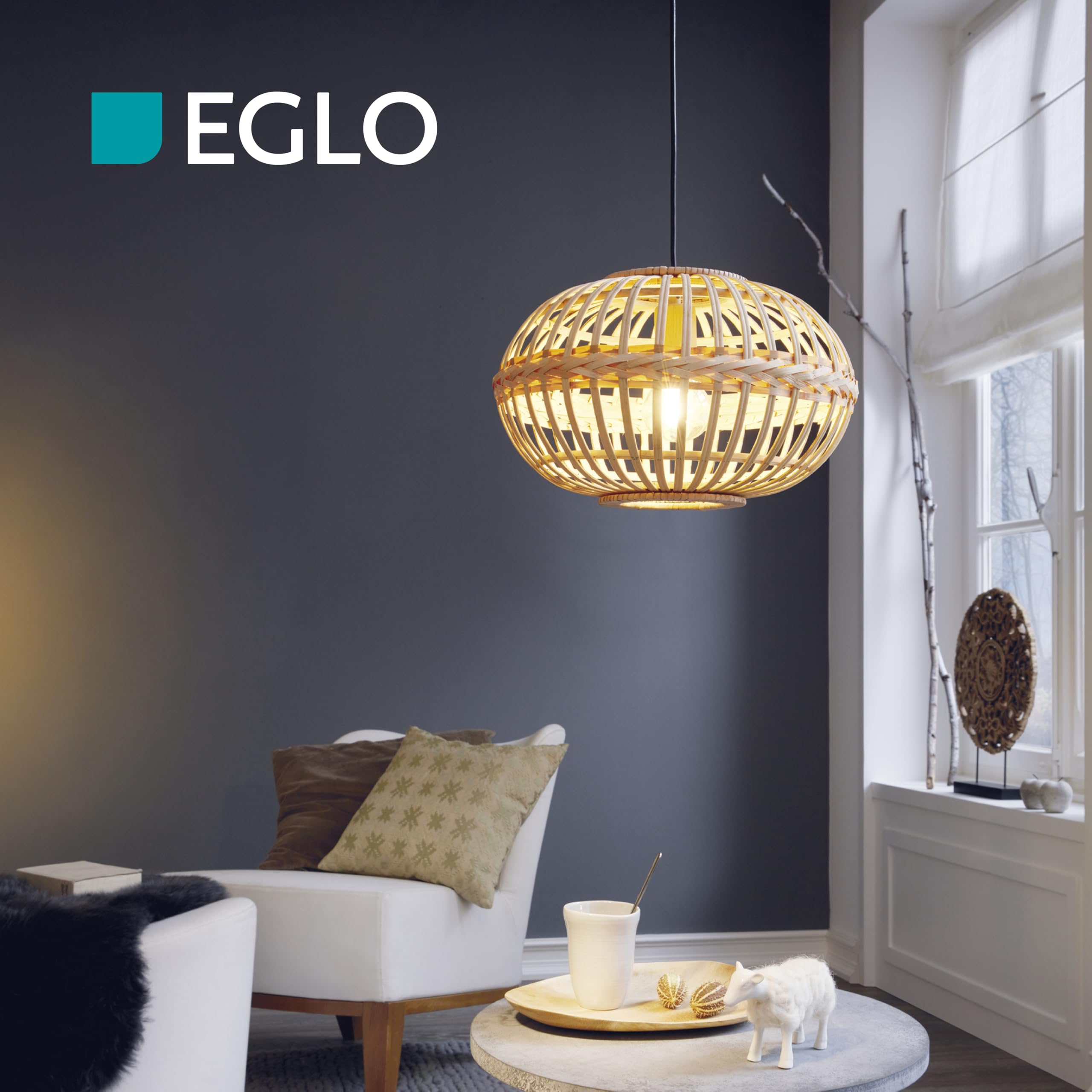 Eglo Suspension luminaire Amsfield, lustre vintage et boho en acier et bois