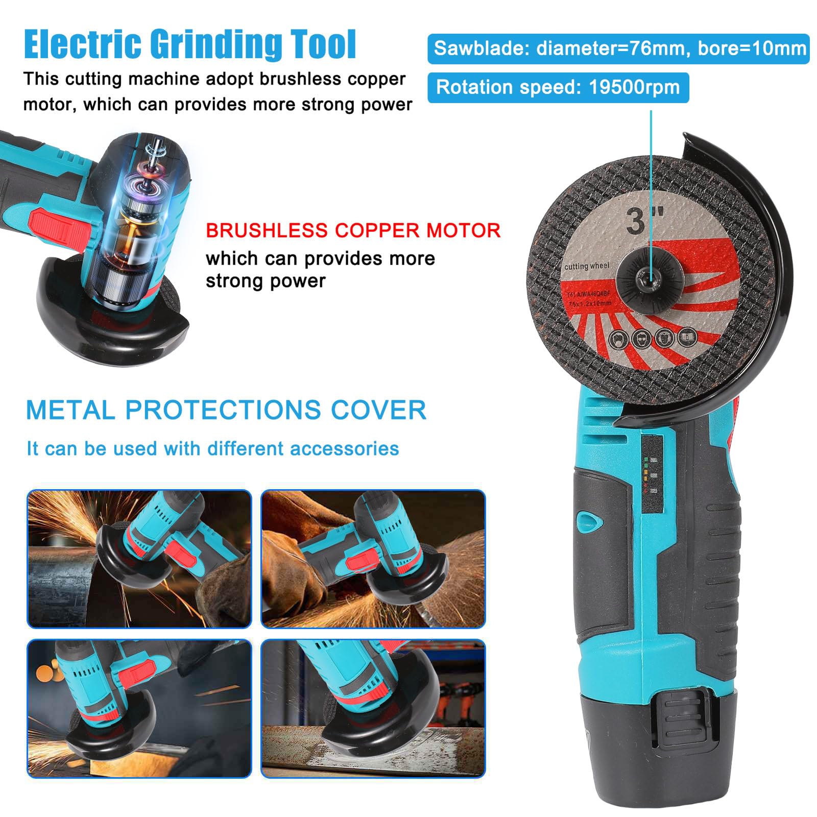 Amoladora angular inalámbrica, 550 W, mini amoladora angular inalámbrica, 12 V, disco inalámbrico profesional con 2 baterías de 1200 mAh,amoladora angular para moler y pulir, corte (2 baterías)