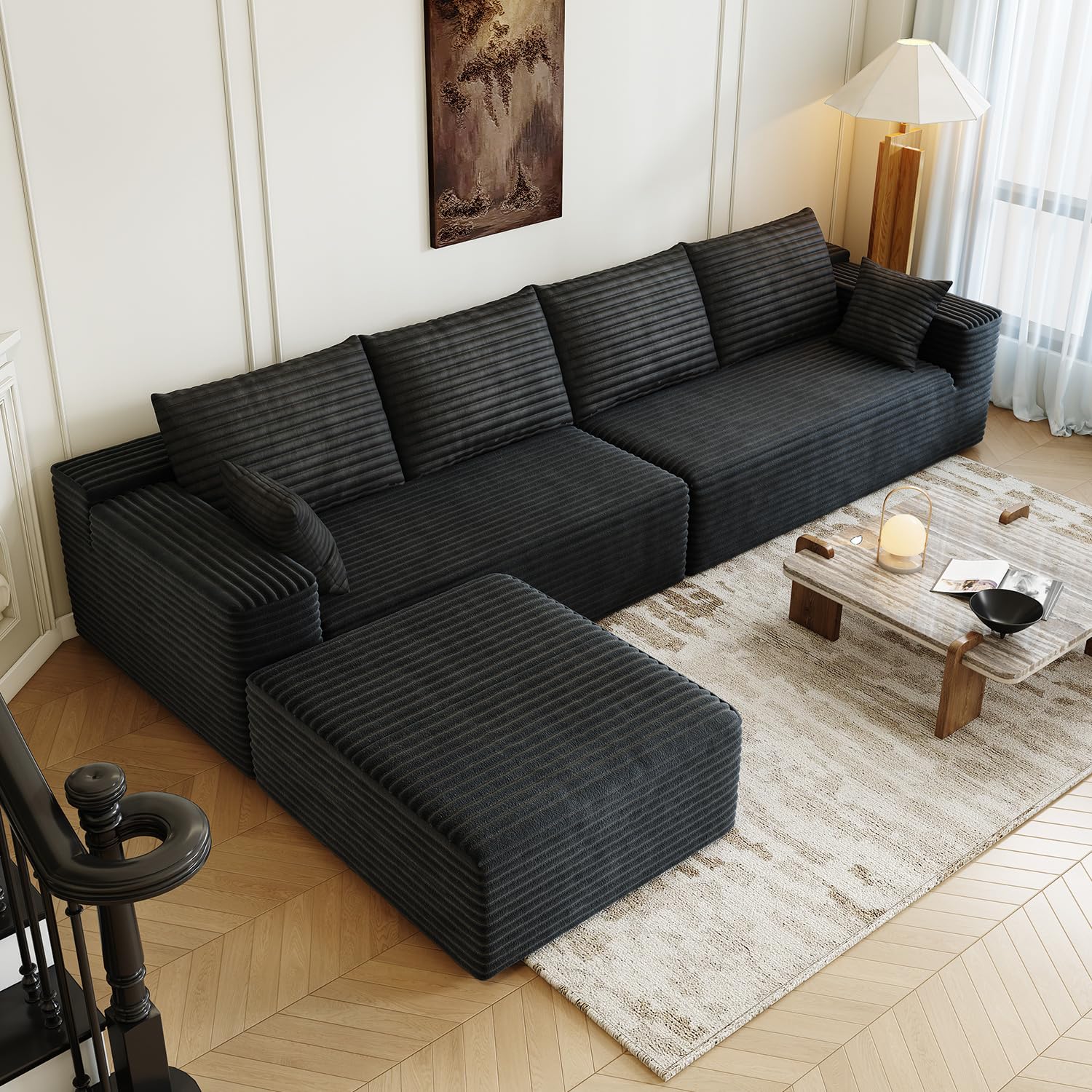 139.4" Modular Sectional Sofa, L-Shaped Minimalist Couches with Ottoman Chaise, Modern Deep Seat Convertible Sleeper Sofa,Cloud Plush Corduroy Fabric,
