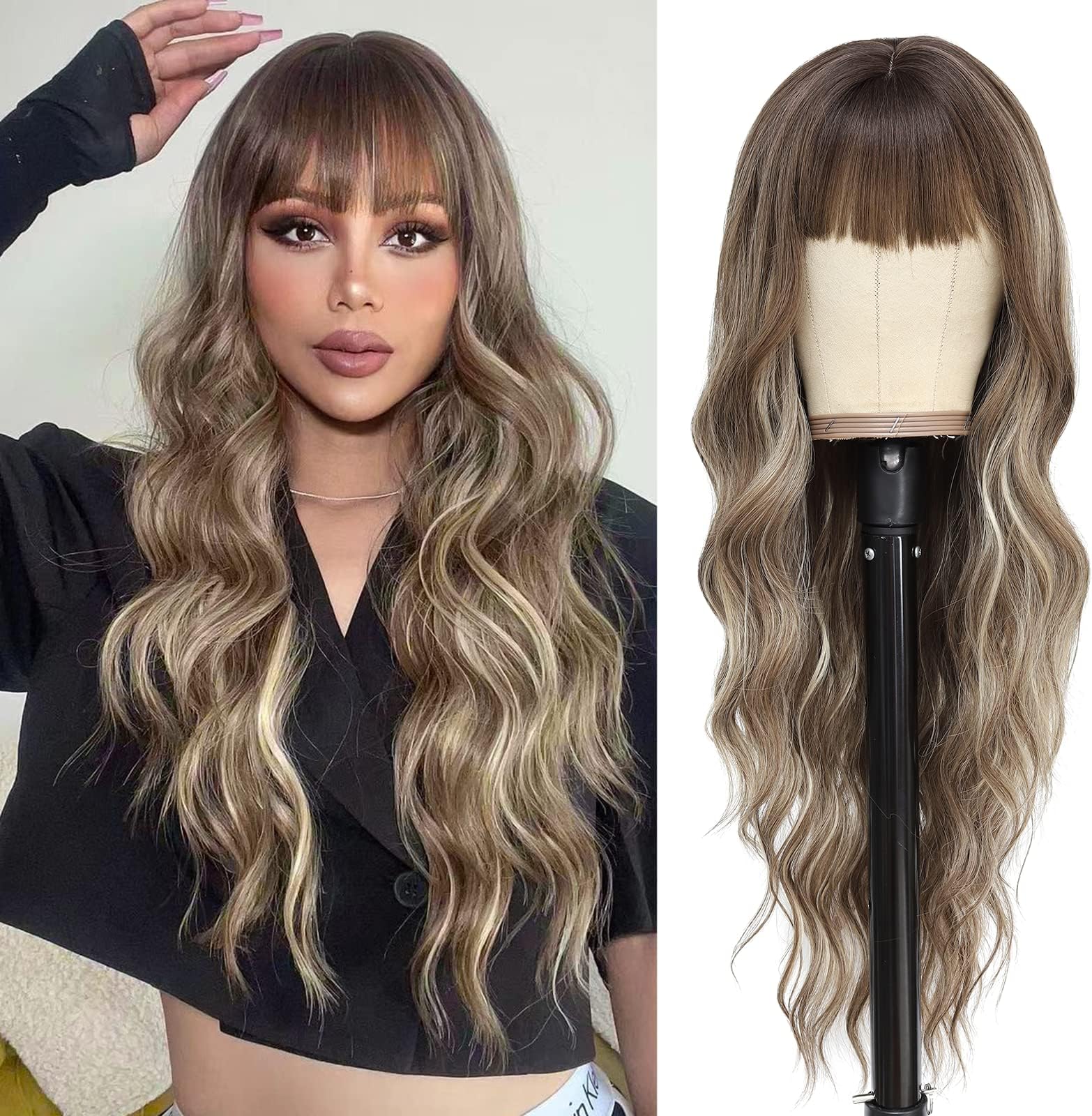 NAYOO Brown Wigs with Bangs for Women Long Curly Wavy Hair Wigs Heat Resistant Synthetic Fiber Wigs for Daily Party Use 26 Inches (Medium Brown Mixed Blonde)