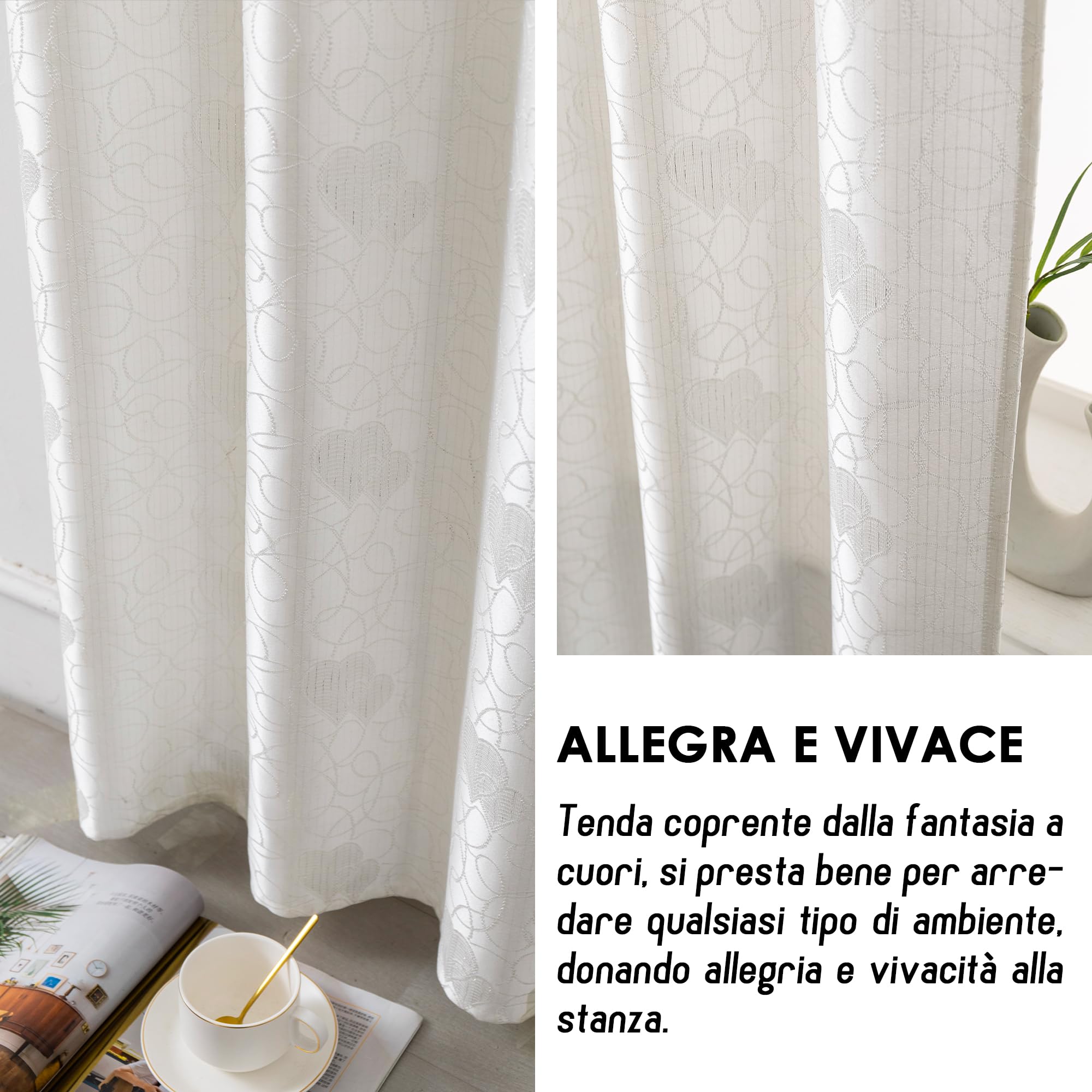 GIRASOLE Coppia Tende Semi Oscuranti Fantasia Cuori con Fili d'Argento Tenda per Soggiorno e Camera da Letto 2 Pannelli con Occhielli (Bianco, 140x280cm)