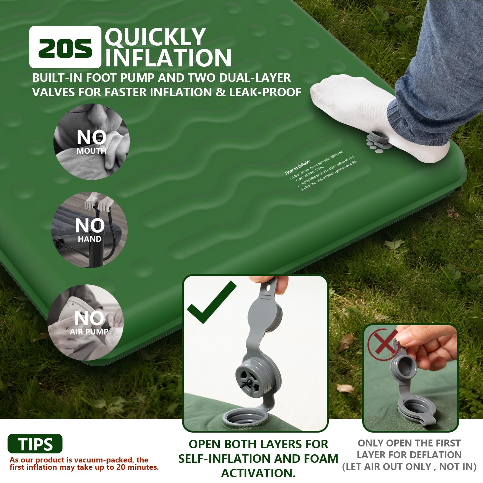 HiiPeak Materassino in memory foam, ultra spesso, con cuscino, 9,5 R-Value isolato, materasso da campeggio, facile da gonfiare e sgonfiare, tappetino gonfiabile per escursioni, tenda auto