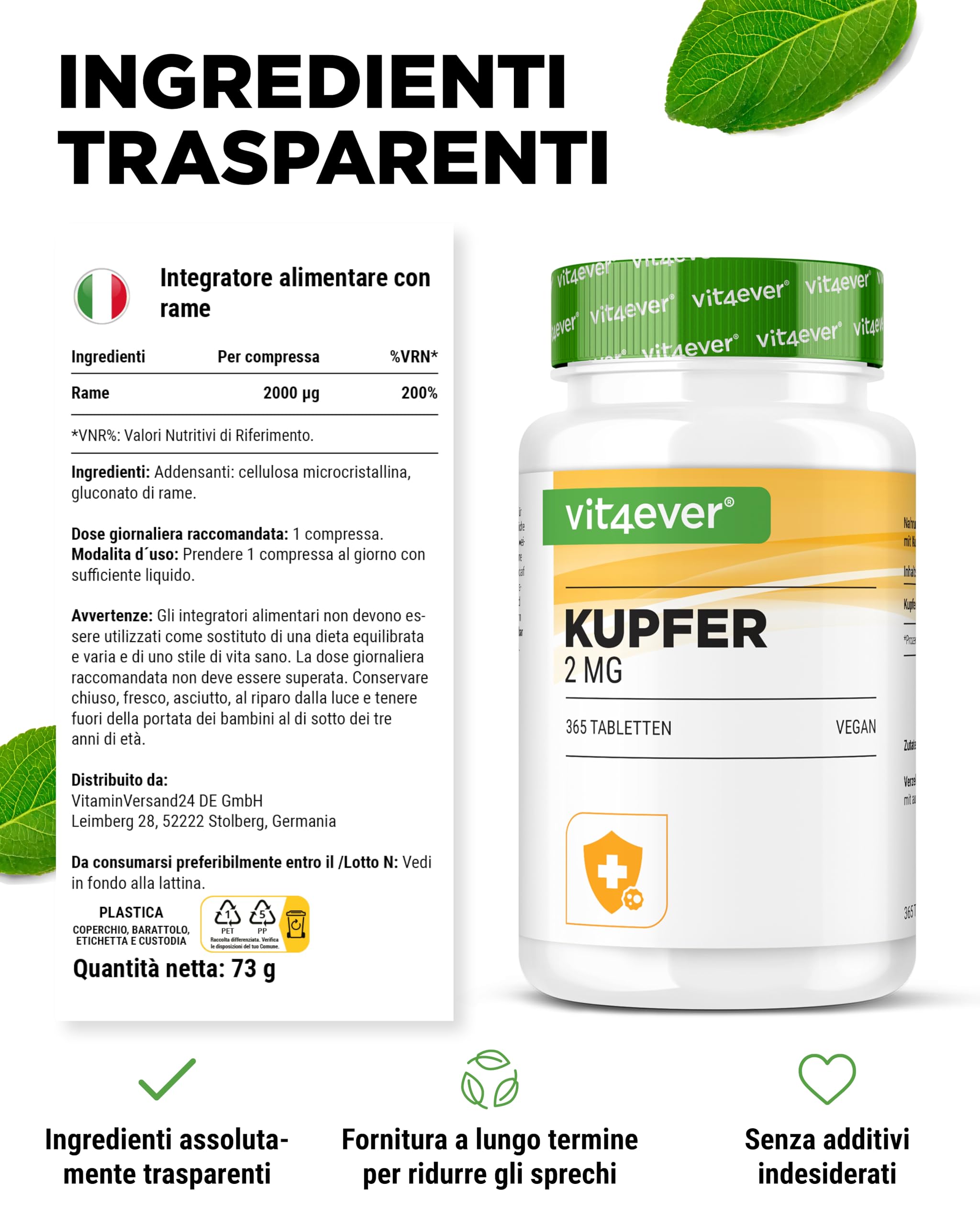 Rame - 365 compresse da 2 mg ciascuna - Fornitura per 1 anno - Elevata biodisponibilità - Rame gluconato - Altamente dosato - Vegano - Senza indesiderabili