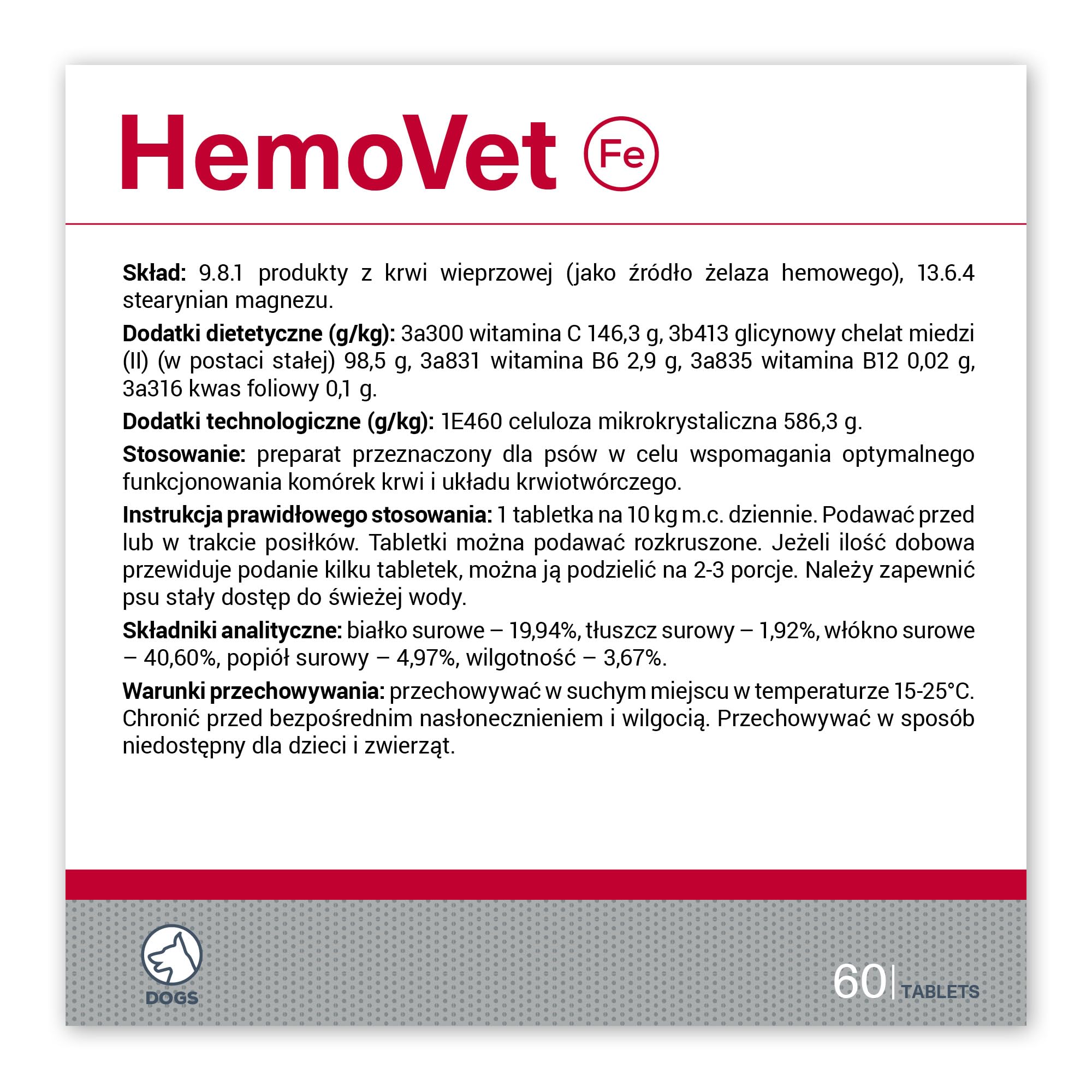 VetExpert HemoVet | 60 comprimés | Complément Alimentaire pour Chiens | avec Fer, cuivre et vitamines