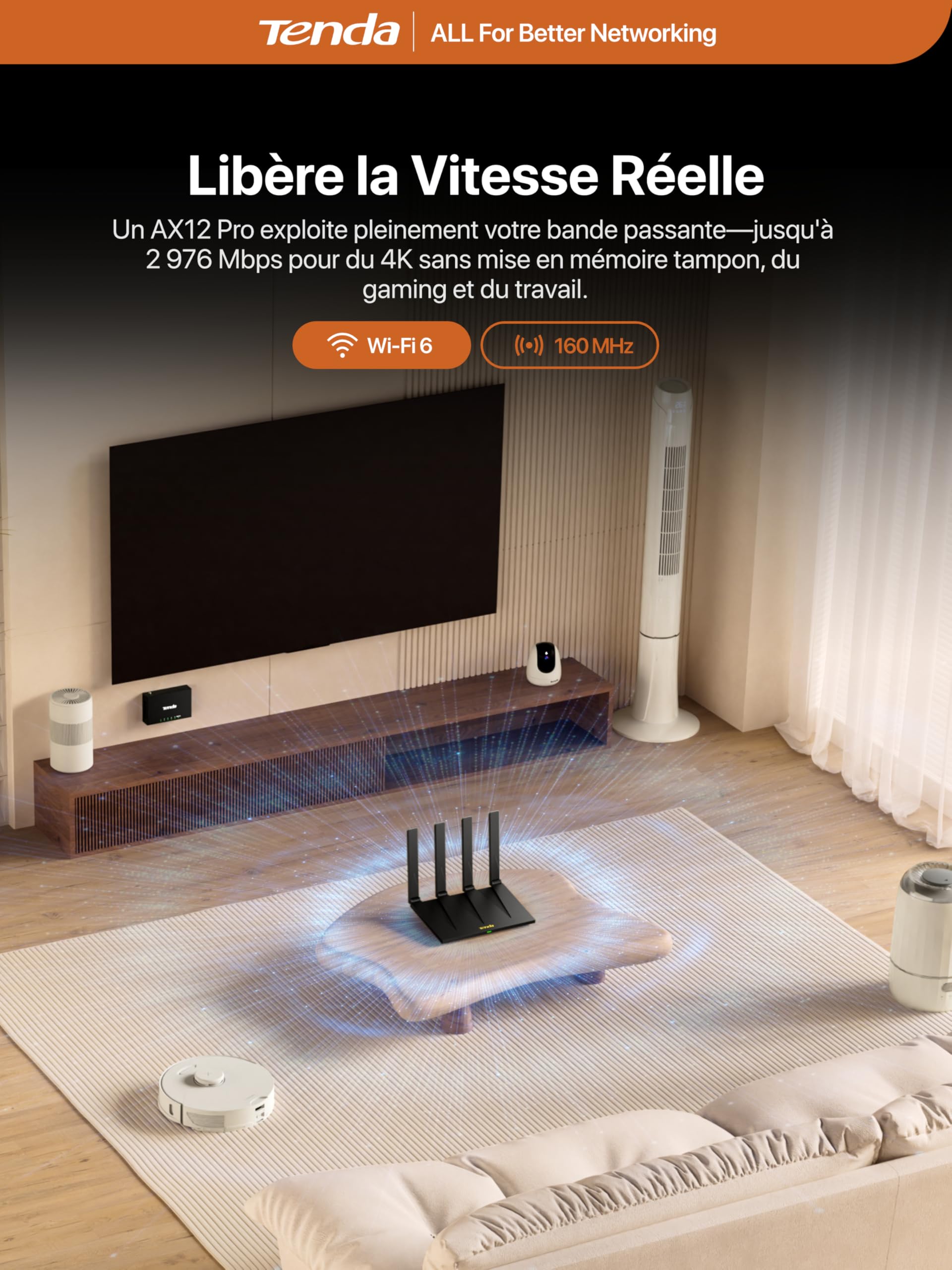 Tenda Routeur WiFi 6 AX3000 Dual Band Gigabit AX12 Pro, 5GHz : 2402Mbps + 2.4GHz : 574Mbps, 4 Ports Gigabit, EasyMesh, Contrôle Parental, MU-MIMO, OFDMA, VPN, Beamforming, NFC