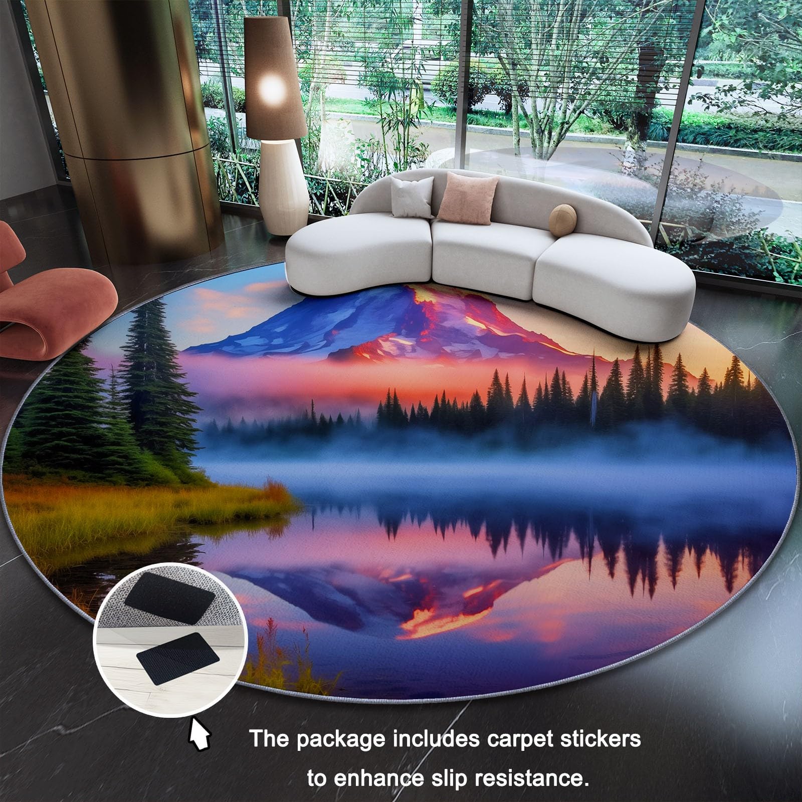Genérico Alfombra Redonda para Comedor Montañas Naturales Lagos Motivo Alfombra Antideslizante Suave y esponjosa para Sala de Estar, Dormitorio, habitación Infantil, 150 cm, Azul