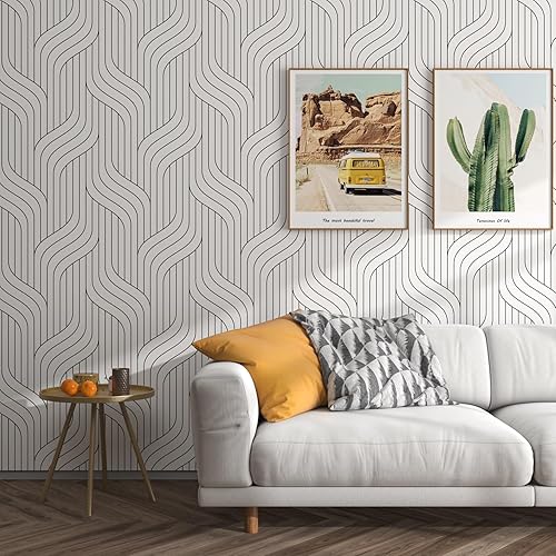 Miniatura 4 de Papel de contacto blanco y negro, moderno, a rayas, extraíble, geométrico, para despegar y pegar, papel tapiz autoadhesivo de 17.5 x 160 pulgadas,