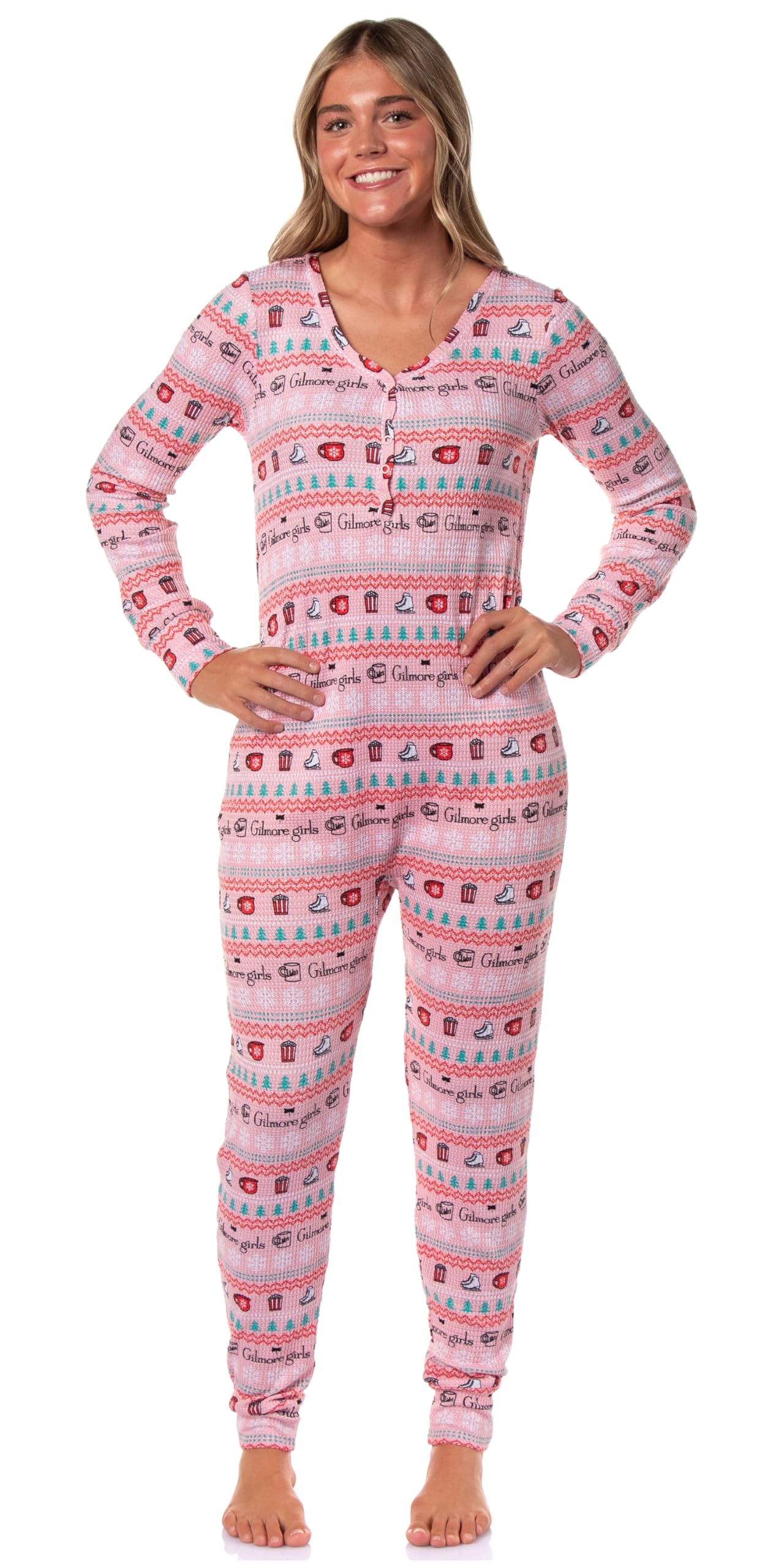 intimo Gilmore Girls Holiday Women's Christmas Ugly Sweater Waffle Union Suit One Piece Long Sleeve Footless Sleep Pajamas-picture-33