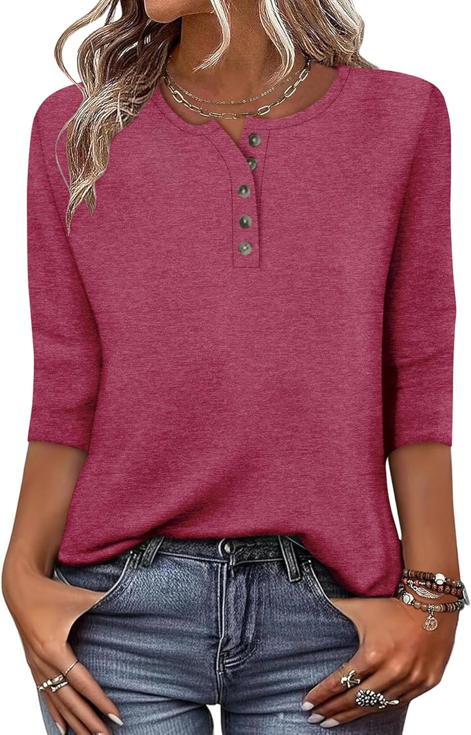 CRAZY GRID Womens Fashion 3/4 Sleeves Tops Fall Crew Neckline Loose Fitting Type Button Down Business Work T Shirts - Image 2