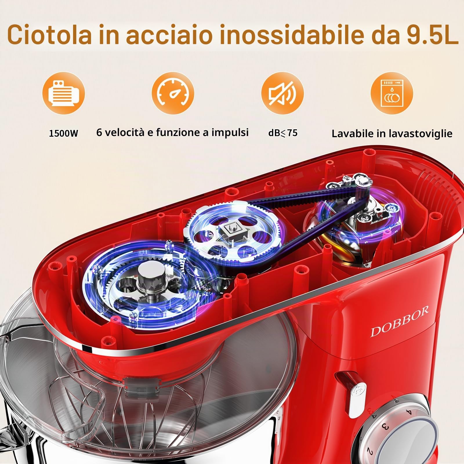 9.5Litri Impastatrice planetaria, DOBBOR 1500W Robot da Cucina con ciotola di acciaio inossidabile, 7 velocità con Gancio per Impastare, Frusta, Sbattitore, Ciotola e Coperchio (Rosso)