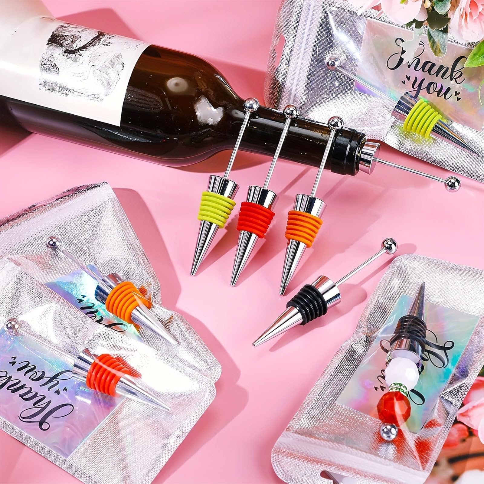 Lot de 60 bouchons à vin colorés en alliage avec sachets brillants et cartes de remerciement pour mariage ou événement