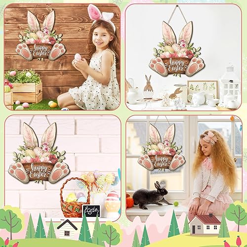Vista 5 de Barydat 1 corona de Pascua para puerta delantera, conejo de bienvenida, letrero de madera, colgador de puerta, decoración de primavera, placa