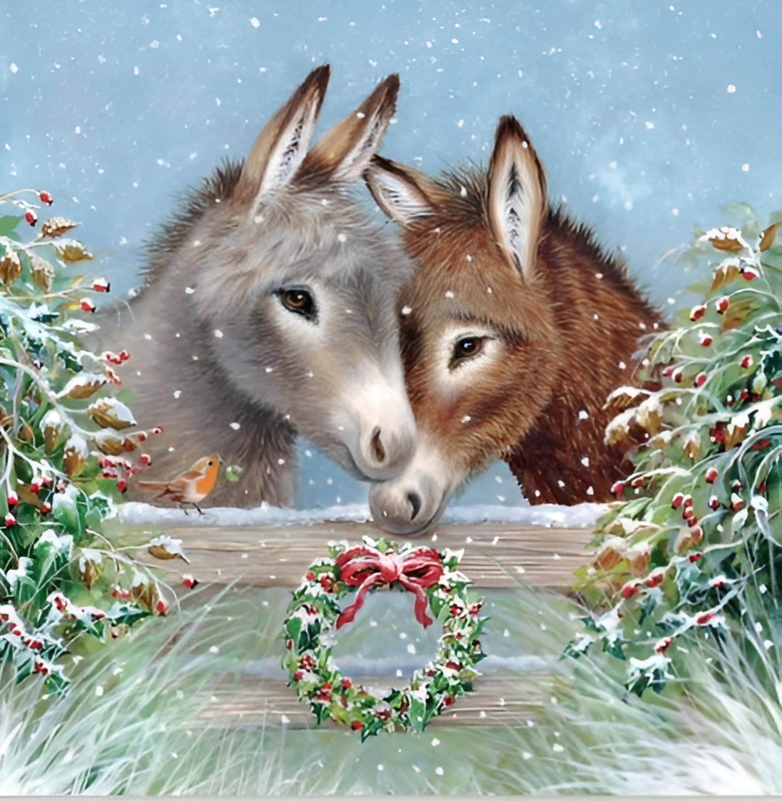 Noel Tatt Charity Christmas Cards Pack of 10, Charity Christmas Cards with Artistic Snowy Donkeys and Robin Design
