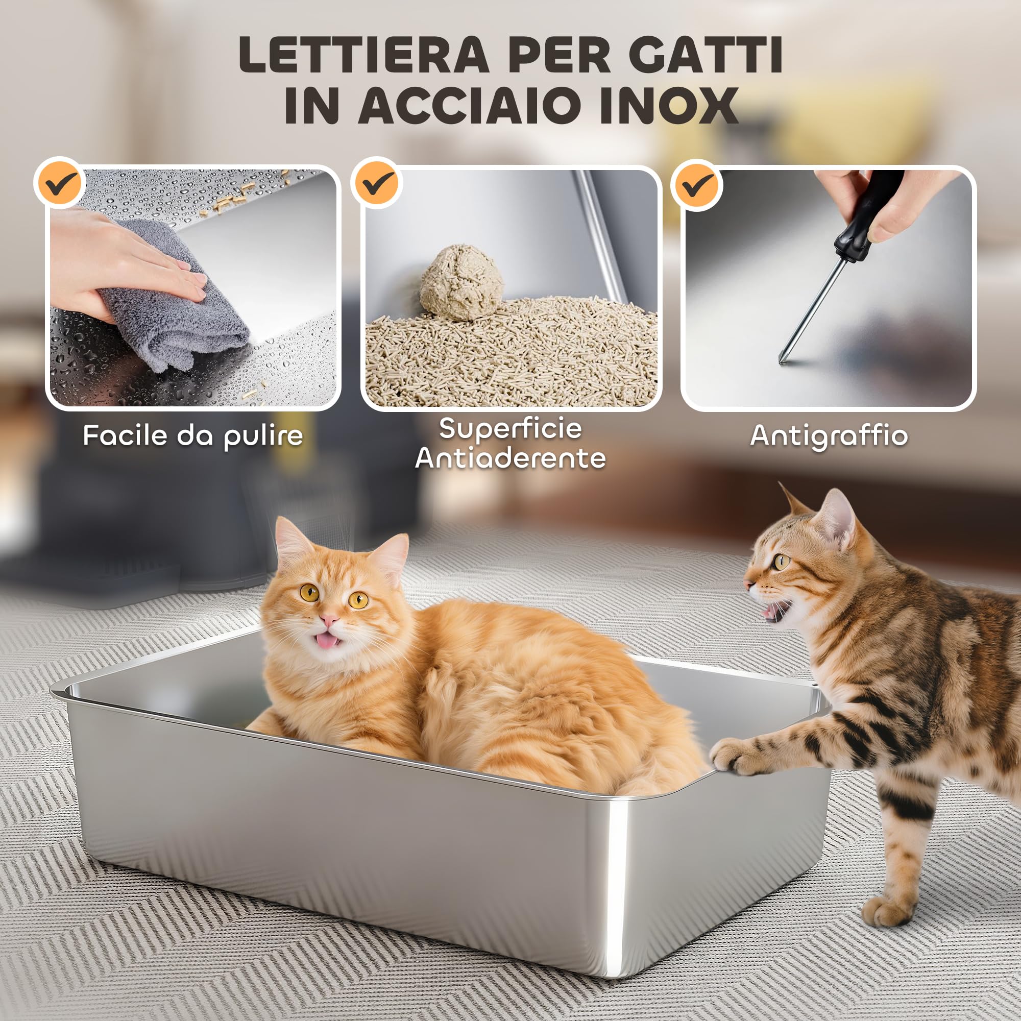 PawHut Lettiera per Gatti Chiusa XXL in Acciaio Inox, 3 in 1 Toilette per Gatti 80L con Coperchio Ribaltabile 180°, Pedale e Paletta, Antiaderente, Antiodore, Facile da Pulire, Grigio Scuro