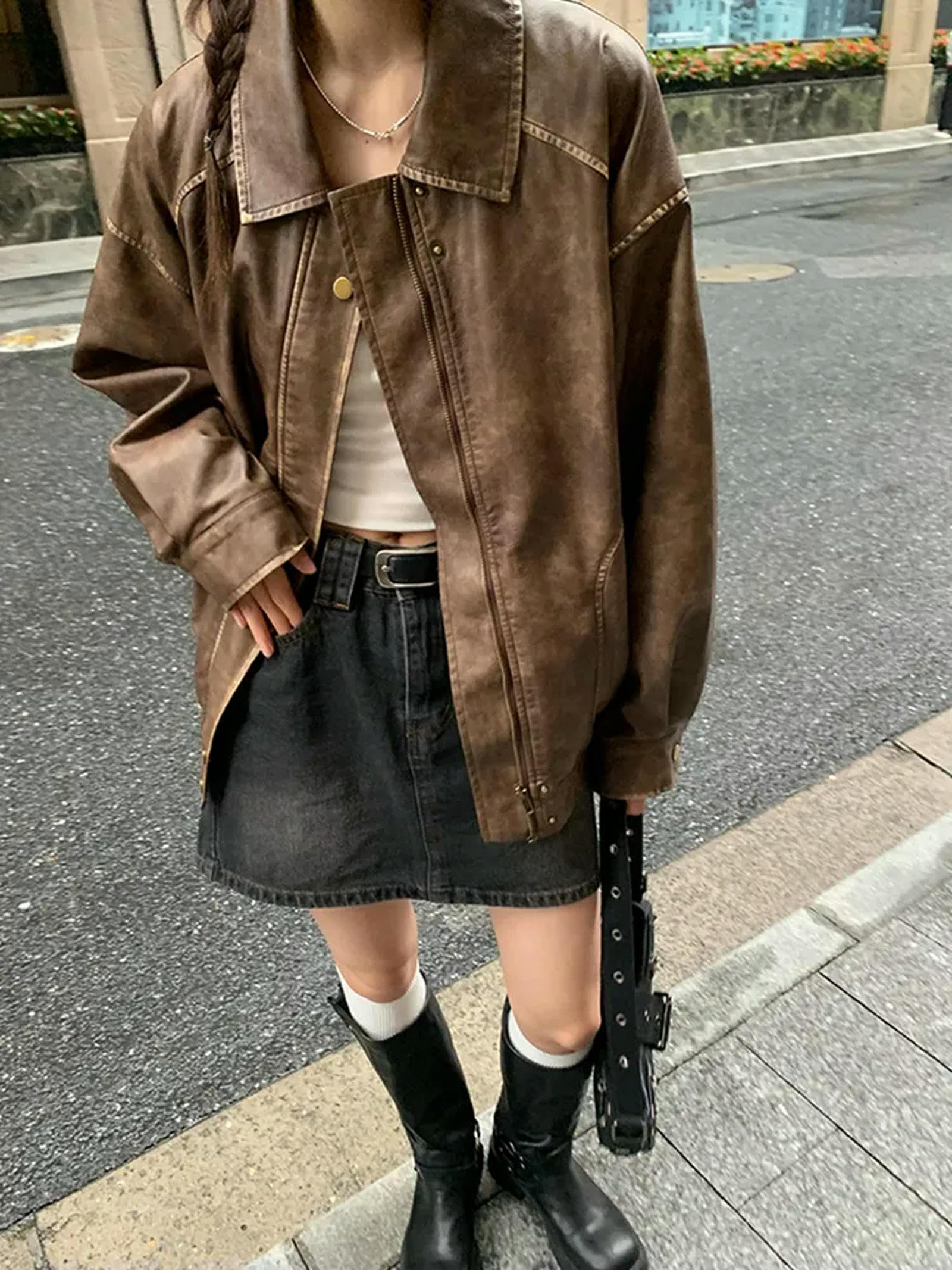 Veste Femme Imitation Daim Marron - Style Rétro, Coupe Oversize, Pour Automne/hiver, Look Y2K - 4