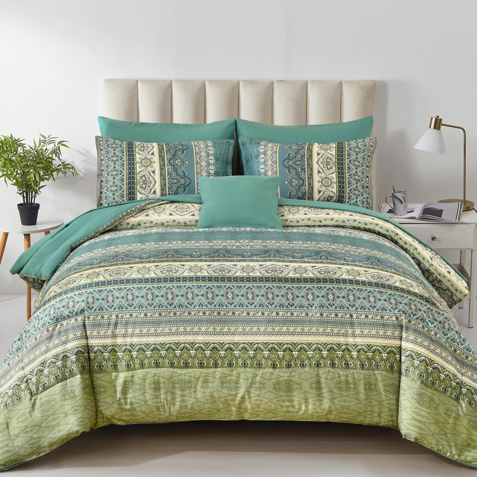 Cottolester Boho Full Comforter Set 8 Pieces,Green Bohemian Comforter Paisley Striped Bed in A Bag,Soft Microfiber Bedding Set for All Season
