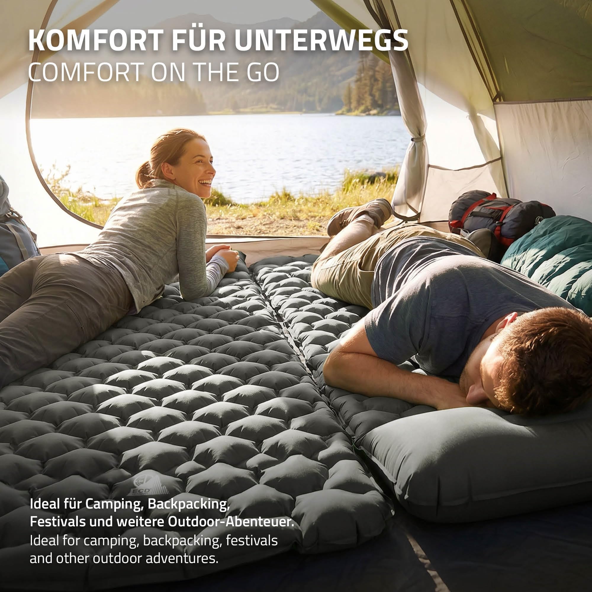 ECD Germany Colchoneta Camping Inflable Ultraligera, Esterilla Hinchable Portátil y Compacta con Almohada Integrada, Verde/Gris, Colchón Individual Plegable para Tienda de Campaña, Playa, Senderismo