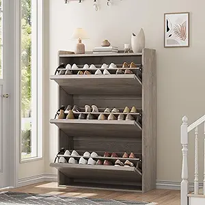 GarveeHome Shoe Cabinet with 3 Flip Drawers, Wooden Shoe Organizer Cabinet with Adjustable Shelf, Shoe Storage for Entryway, Hidden Shoe Cabinet for Hallway, Living Room, Grey