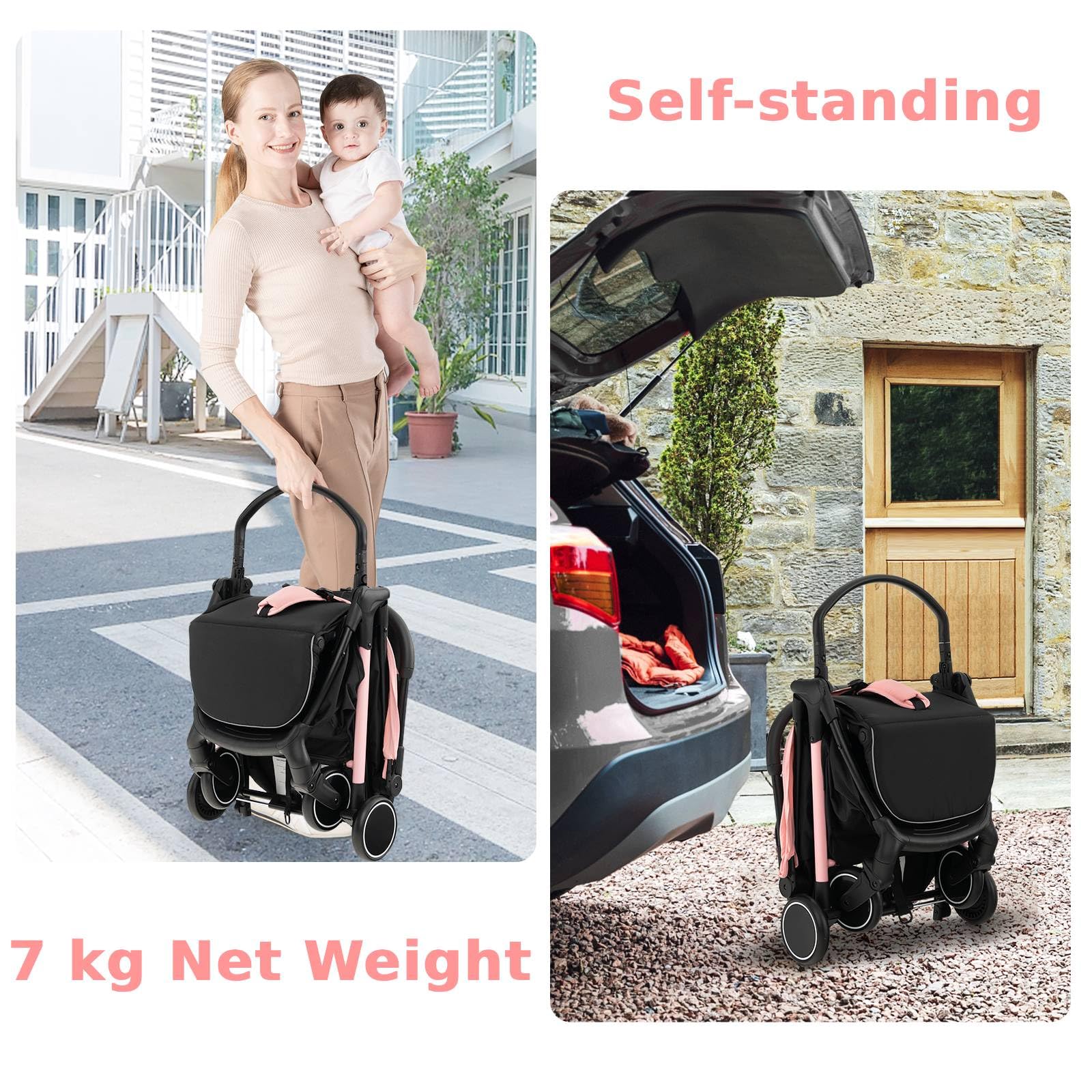 GYMAX Passeggino pieghevole portatile con una sola mano, cintura di sicurezza a 5 punti, ruota bloccabile, poggiapiedi regolabile, tettuccio e schienale, passeggino da viaggio per bambini da 0 a 3