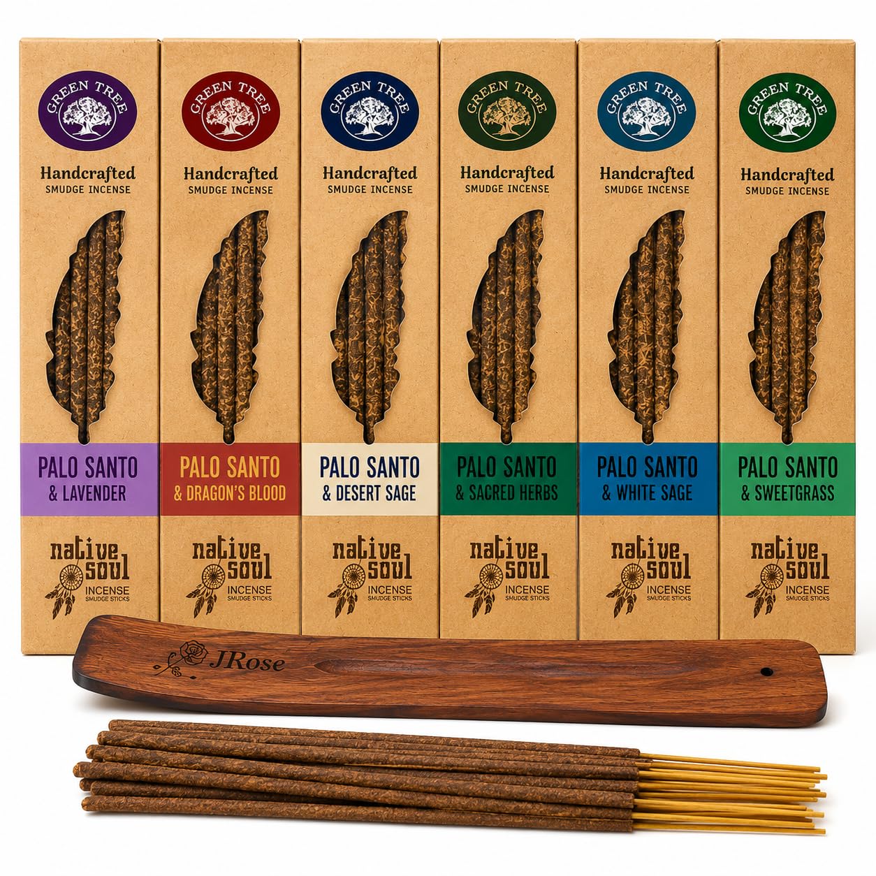 Jrose Collections Multicolor Green Tree Native Soul Palo Santo Smudge Incense Sticks Set With Jrose Flat Wooden Burner – 6 Pack Assorted Fragrance – Lavender White Sage Sweetgrass Desert Sage Sacred Herbs Dragon’s Blood