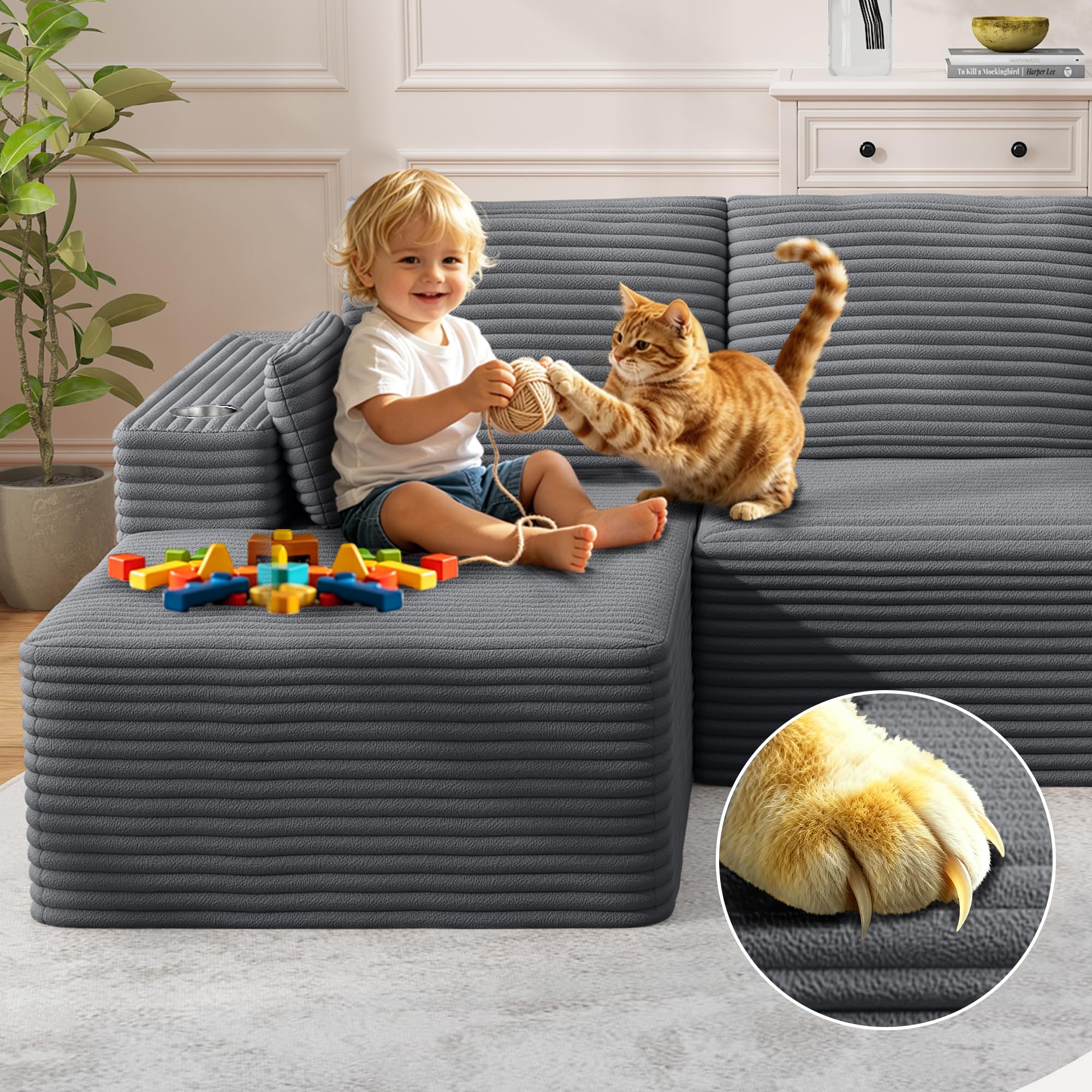 Sofá Esquinero, Modular Forma L Sofá de 3 Plazas, Sofa Chaise Longue para Sala de Estar, no Requiere Montaje, Tela de Pana, 261x126x59cm, Gris Oscuro