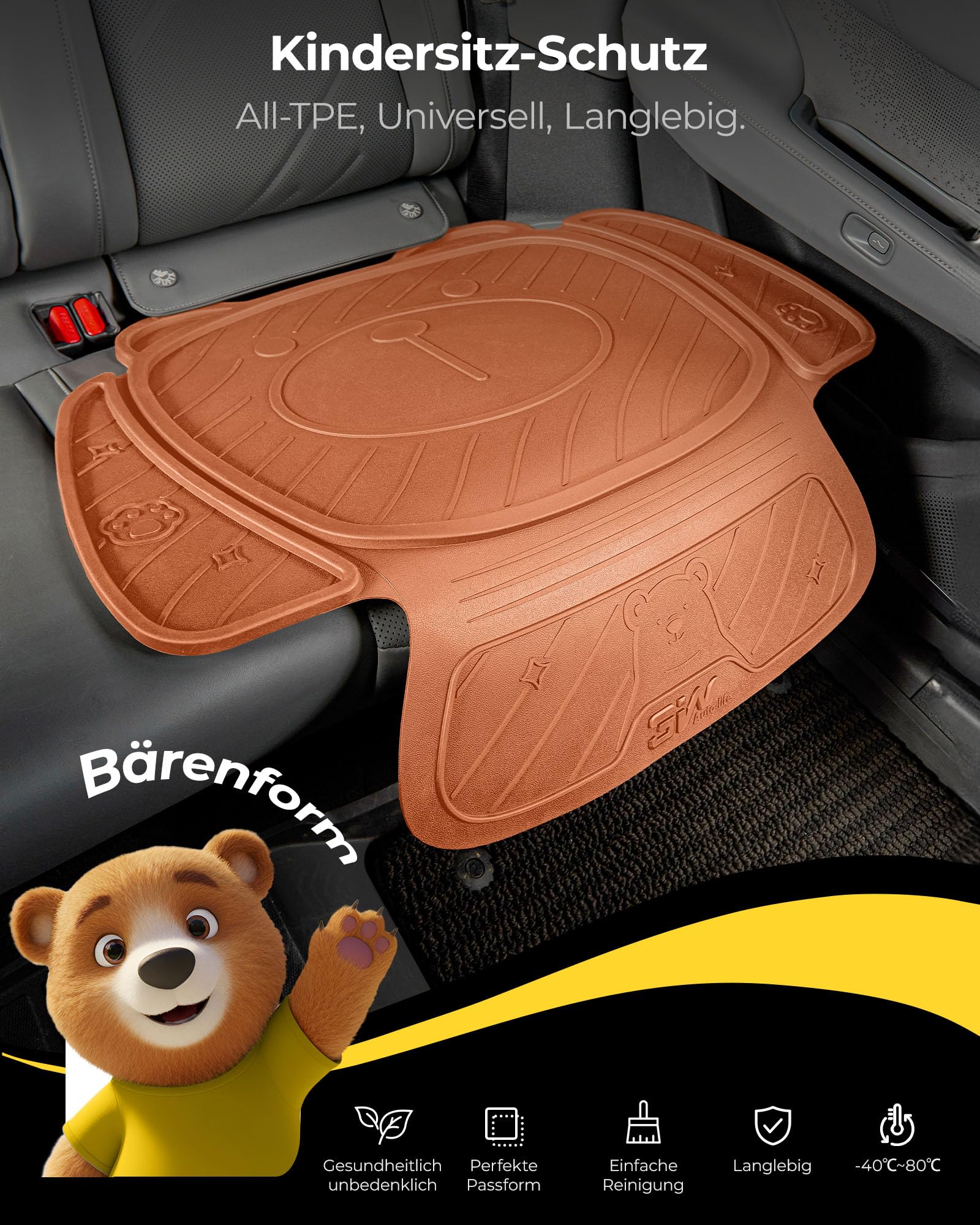 3W Orangefarben Kindersitzunterlage Autositzschoner，ISOFIX Sitzschoner Auto Kindersitz, Niedliches Bären-Design, Wasserdicht und Rutschfest, Langlebige Autositzauflage Sitzschutz, Schwarz Auto Zubehör