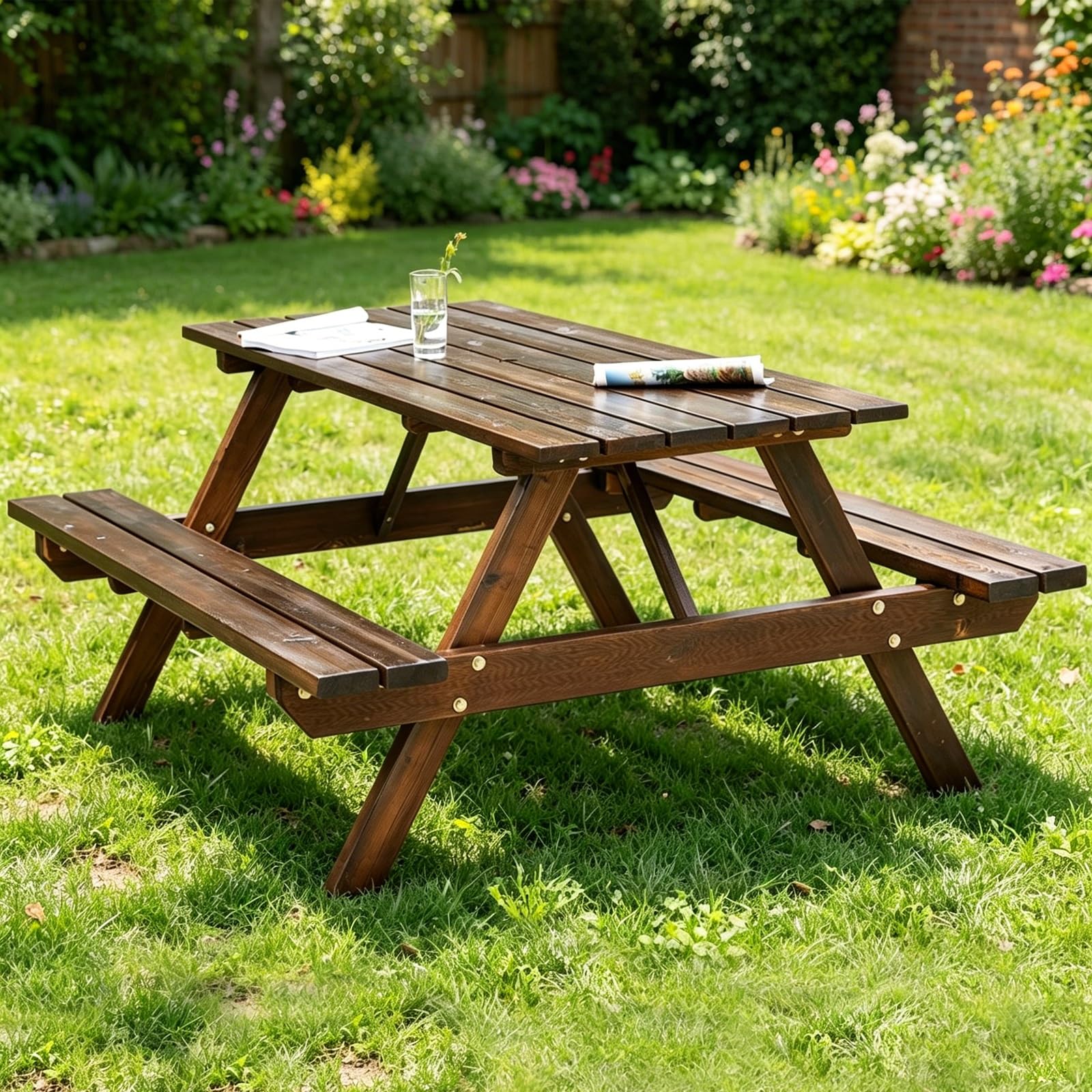 Tavolo da picnic in legno per 4-6 persone con panche integrate, set in legno massello carbonizzato, tavolo da giardino resistente agli agenti atmosferici, giardino e prato
