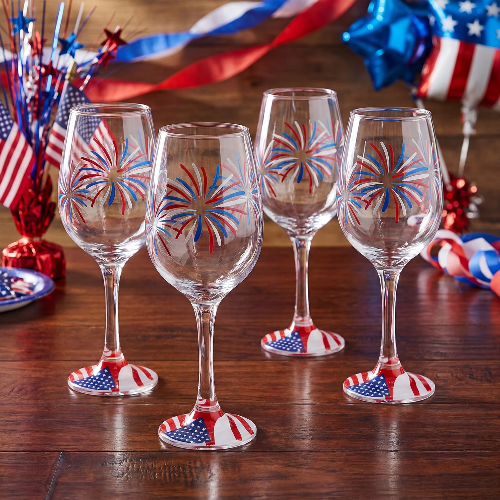 Photo 1 of [PARTIAL SET; MISSING 1PC] SiliFine 4 Pcs Independence Day 4th of July Party Stemmed Wine Glasses Hand Painted Fireworks USA American Flag Star Drinking Cup Wine Glasses Gifts for Birthday Theme Holiday Party Supplies