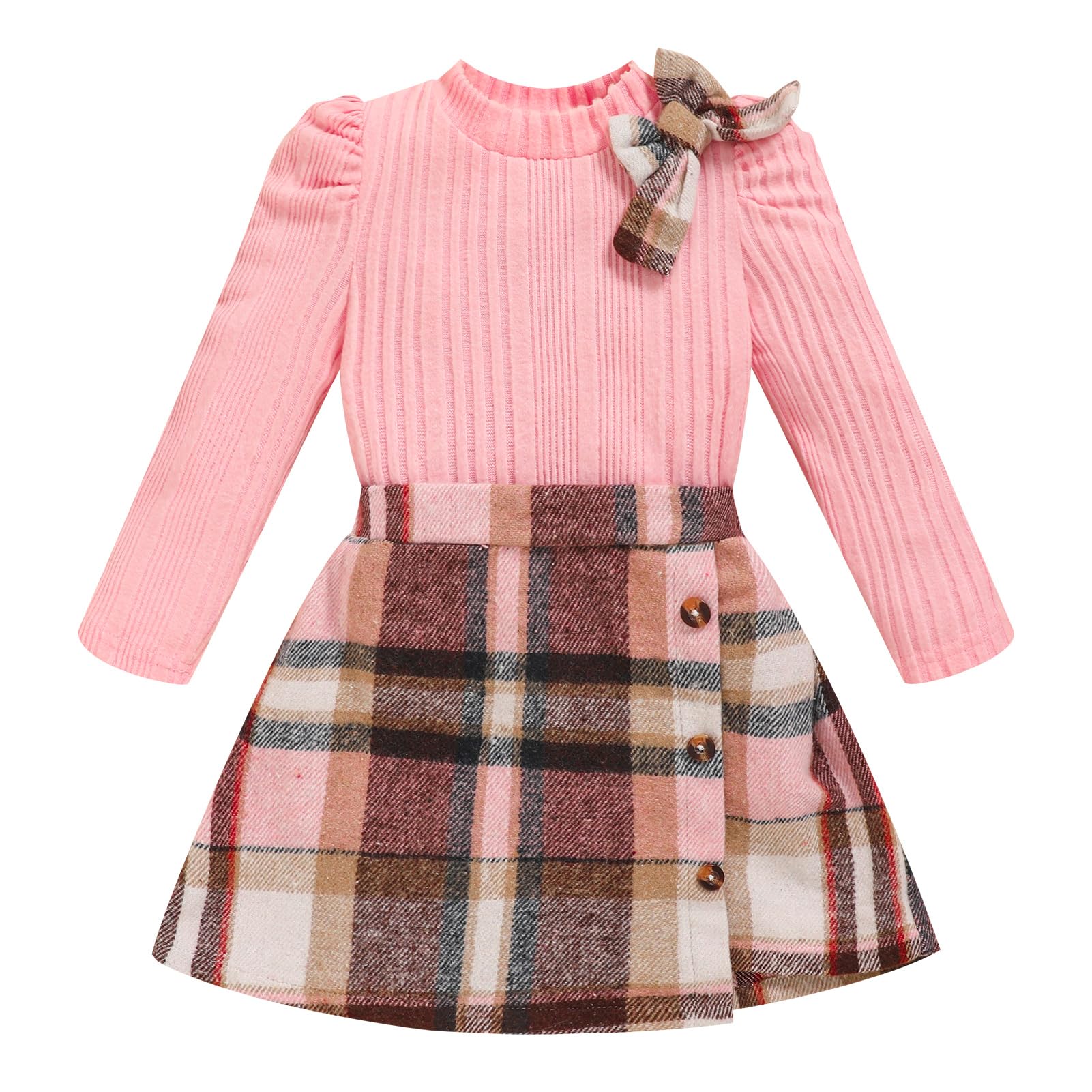 Toddler Girl Plaid Outfits Fall Winter Dress Knit Ribbed Bow Sweatshirt Tops and Button Fashion Skirts Set