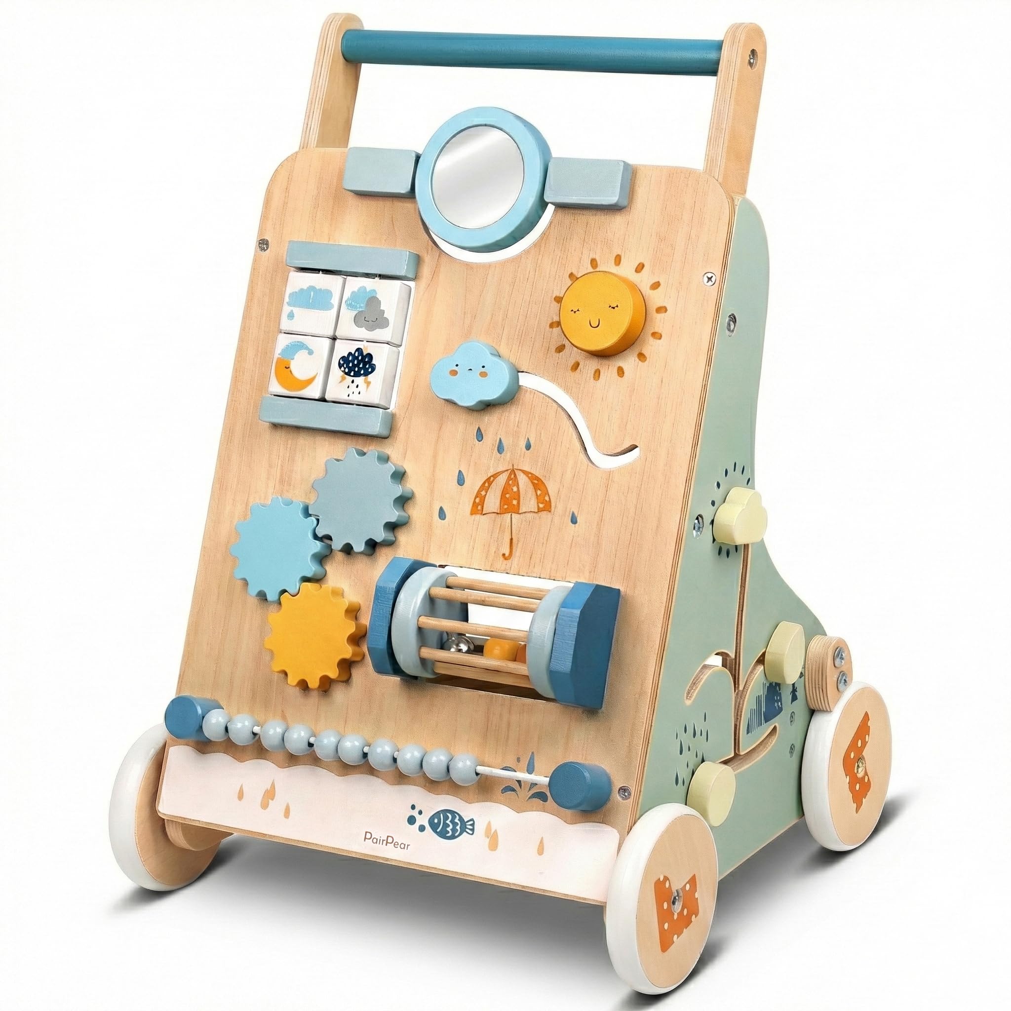 Wooden Activity Walker for Babies, Montessori Sit & Play Push Toy with Mirror, Gears & Beads, Adjustable Handle, Indoor Friendly Wheels, Gift for 12+ Months