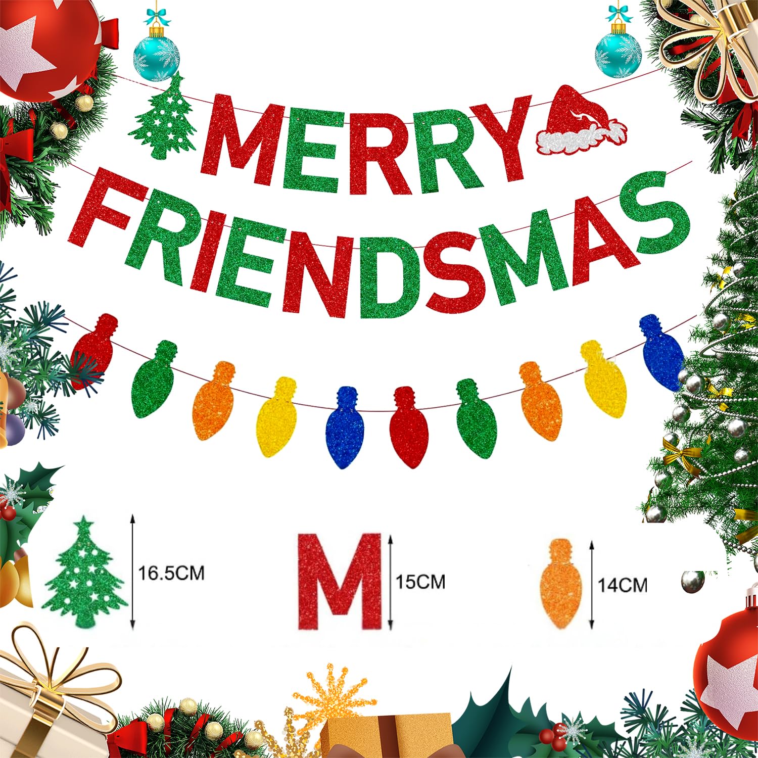 RmKbe Merry Friendsmas Banner Funny Christmas Banner Glitter Paper Banners Xmas Holiday Home Office Decor for Party Supplies - Image 2