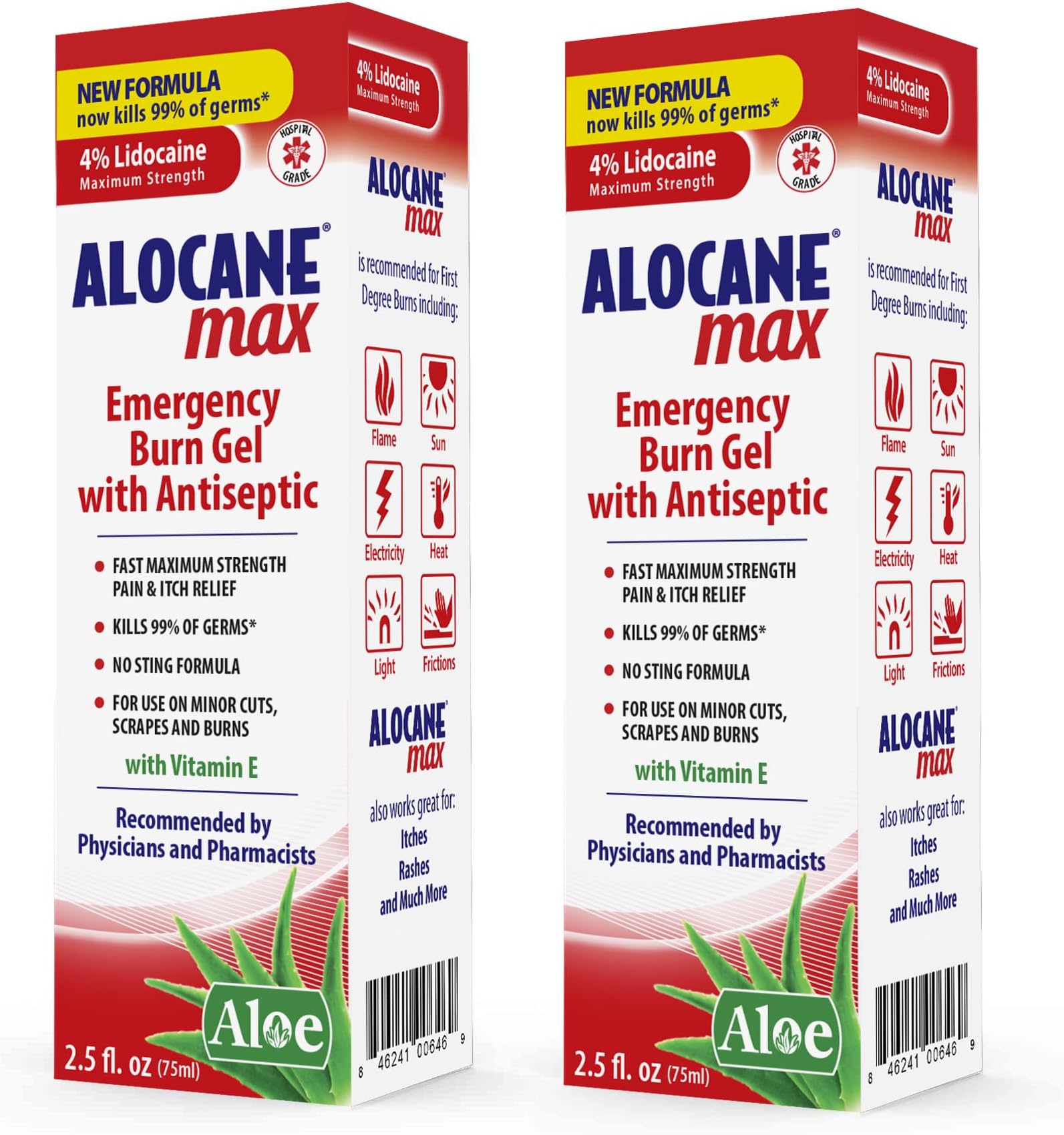 Alocane Emergency Burn Gel Lidocaine Maximum Strength Fast Pain, Itch Relief for Minor Burns Sunburn Kitchen Radiation Chemical First Degree Burns First Aid Treatment Burn Care, 2.5 Fl Oz(Pack of 2)
