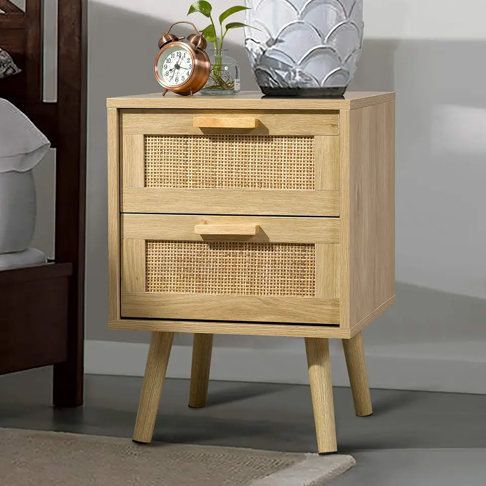 Finnhomy Nightstand, End Table, Side Table with 2 Hand Made Rattan Decorated Drawers, Wood Accent Table with Storage for Bedroom, Natural (Patented)